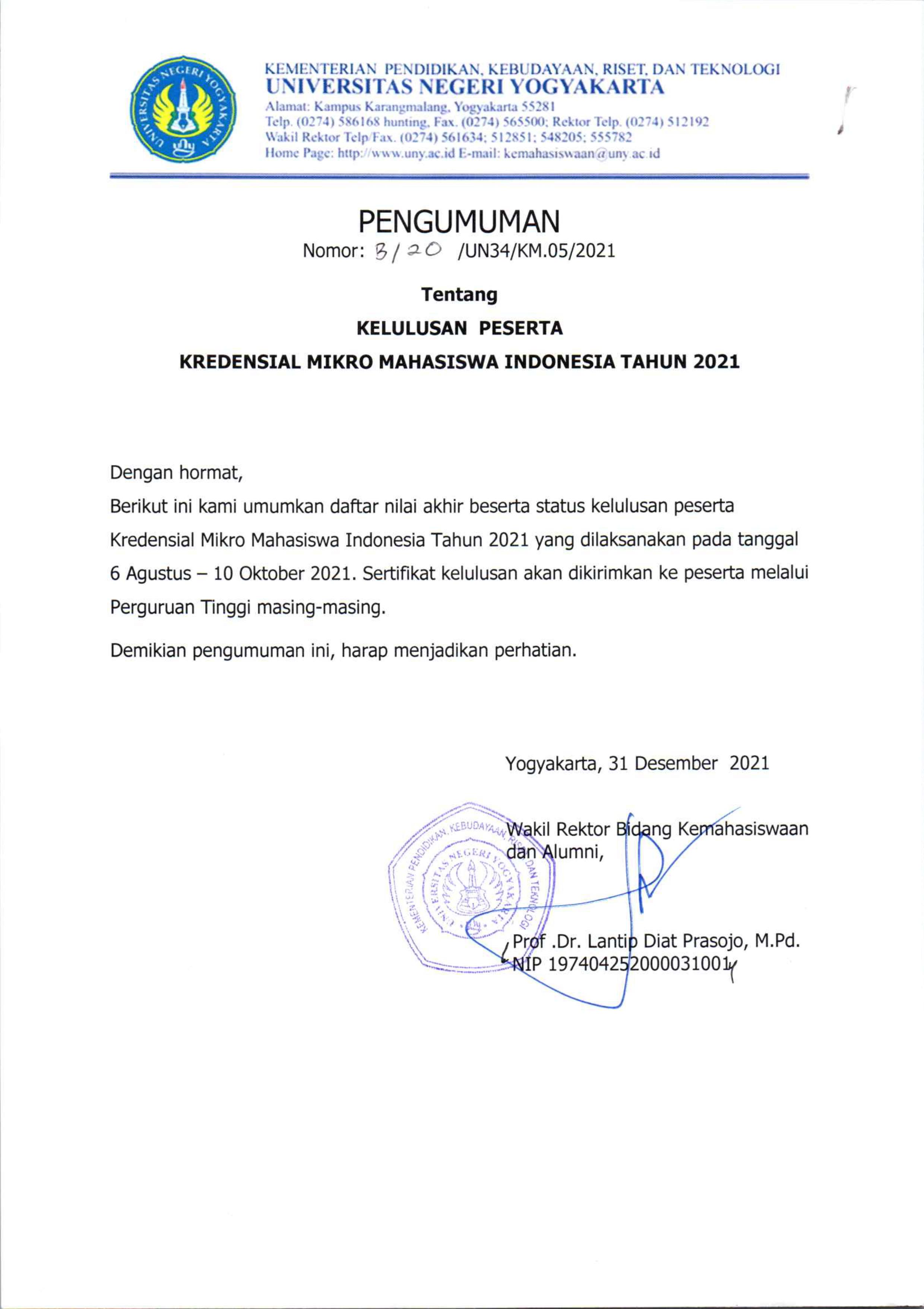 Pengumuman Kelulusan KMMI 2021