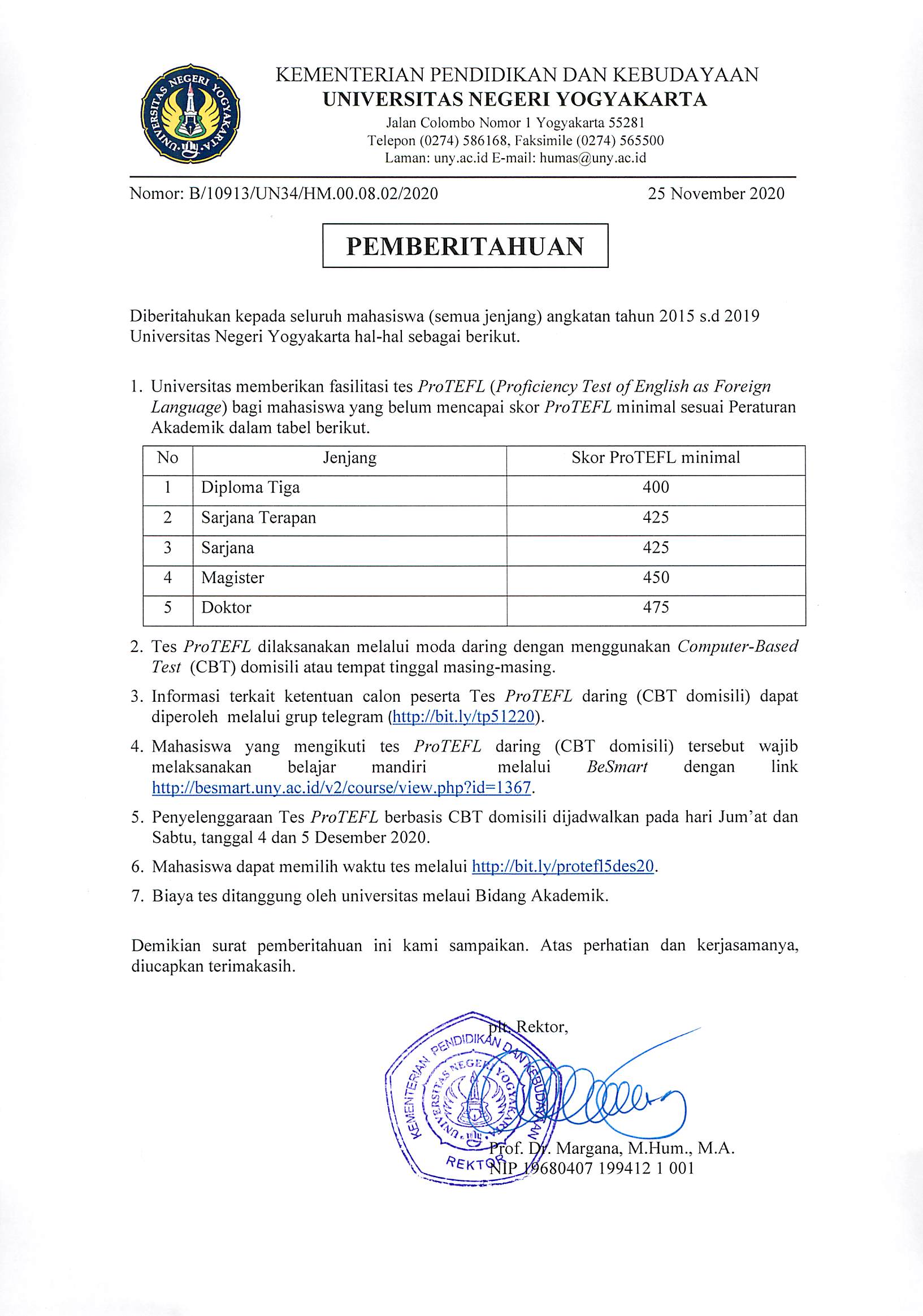 TES ProTEFL BAGI MAHASISWA ANGKATAN 2015-2019