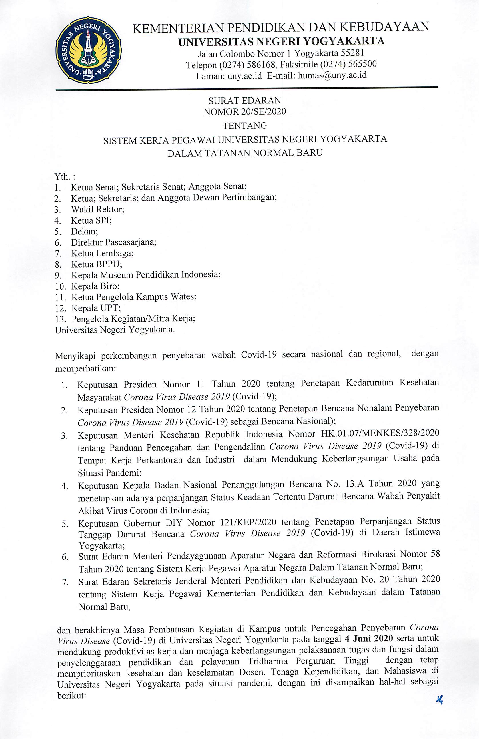 SURAT EDARAN NO 20/SE/2020 tentang Sistem Kerja Pegawai Universitas Negeri Yogyakarta dalam Tatanan Normal Baru