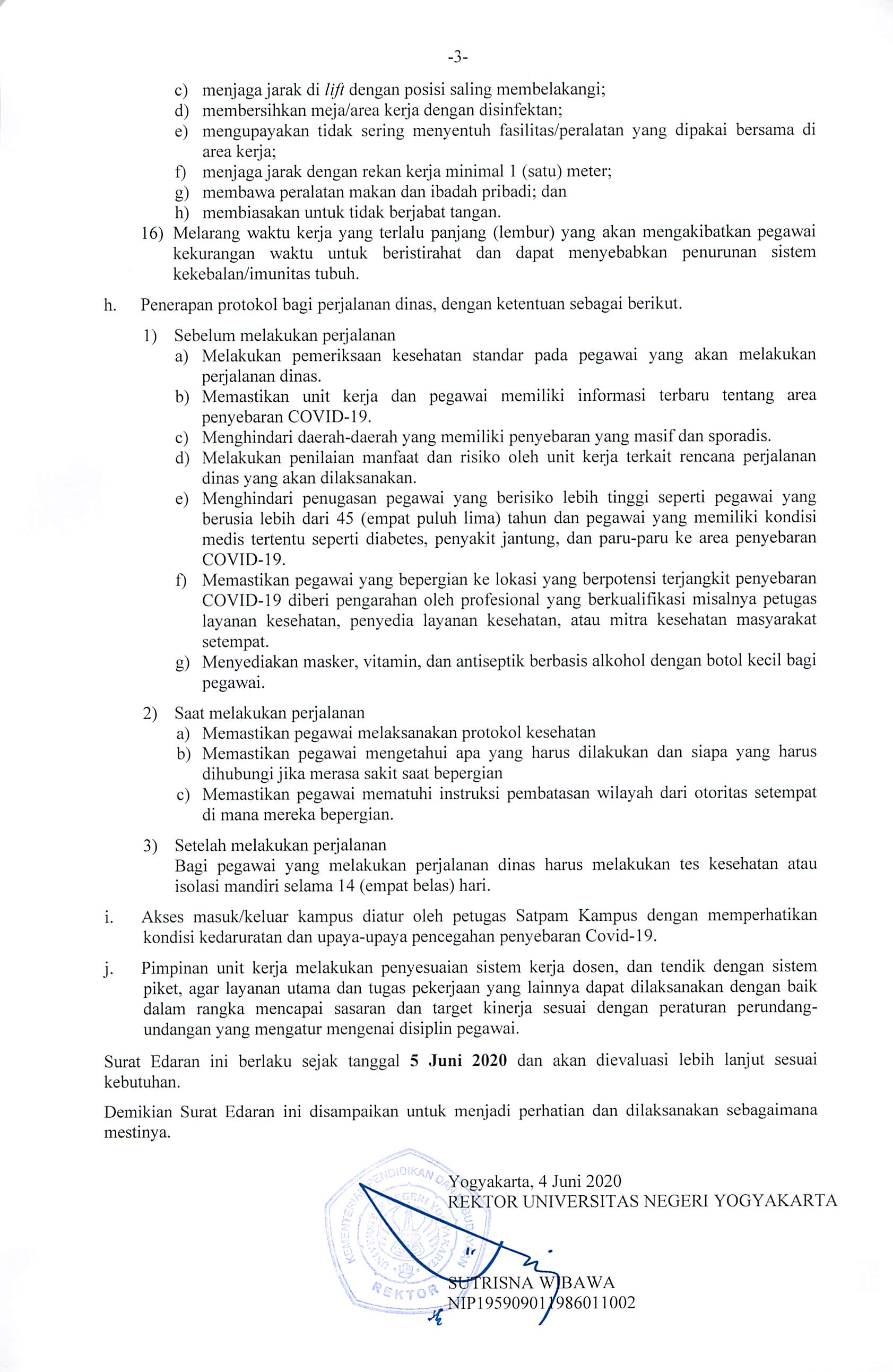 SURAT EDARAN NO 20/SE/2020 tentang Sistem Kerja Pegawai Universitas Negeri Yogyakarta dalam Tatanan Normal Baru