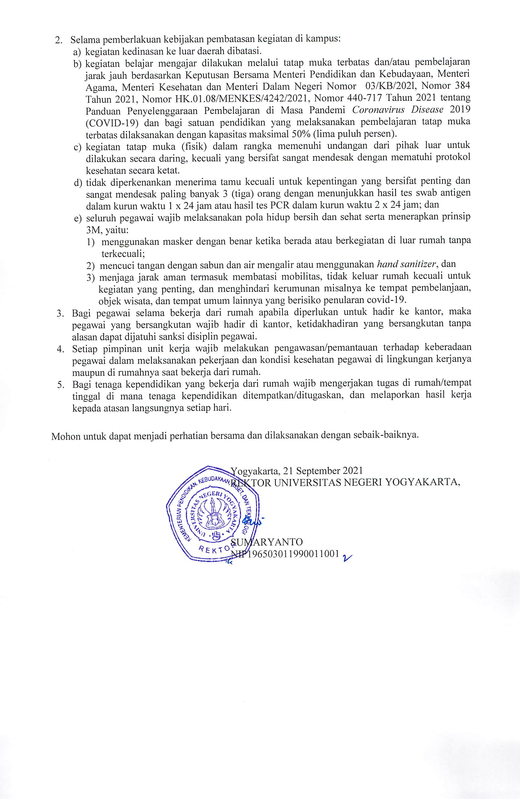 SURAT EDARAN NO 37/SE/2021 TENTANG PEMBERLAKUAN KEBIJAKAN PEMBATASAN KEGIATAN DI KAMPUS