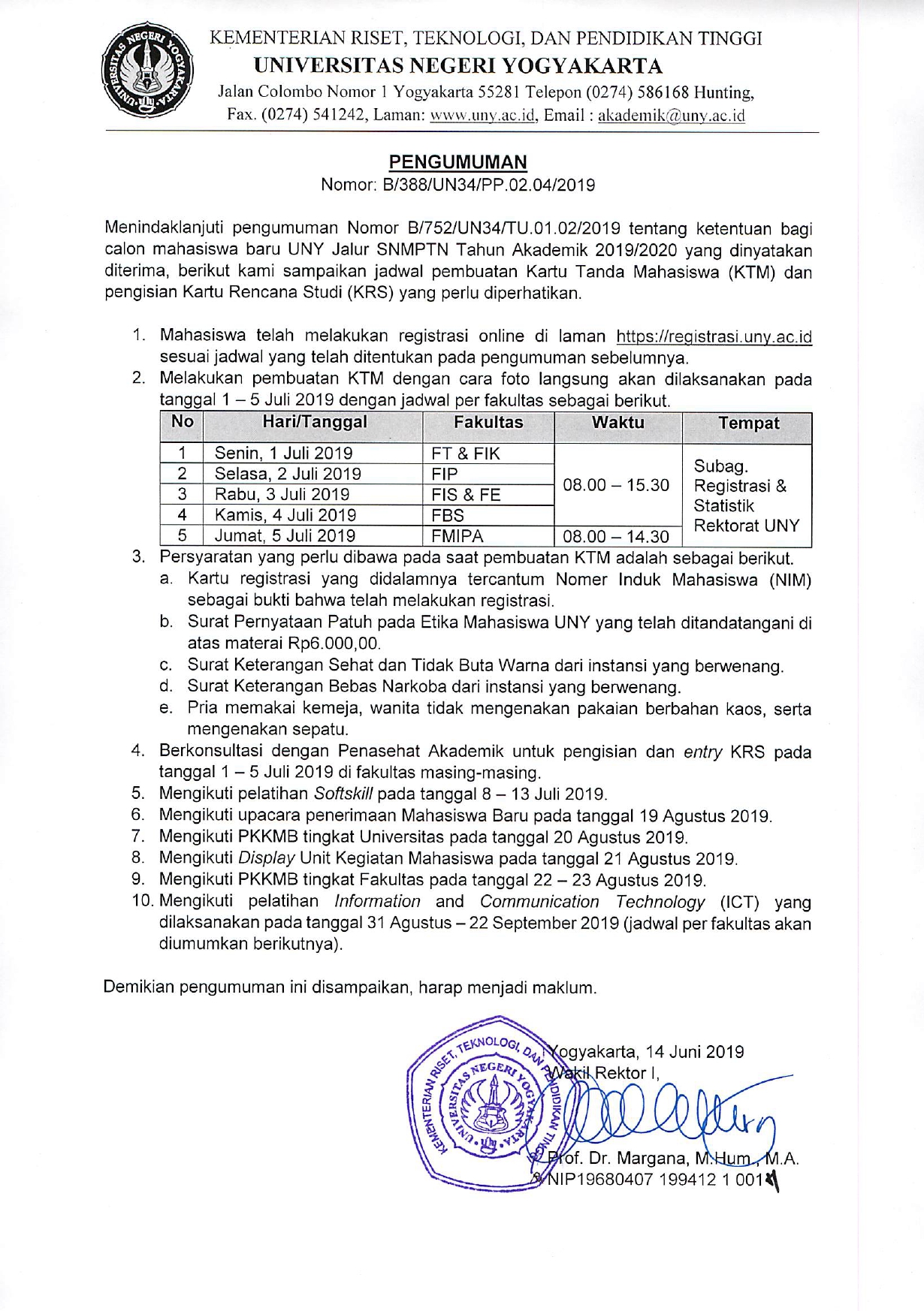 PENGUMUMAN JADWAL PEMBUATAN KTM MAHASISWA BARU SNMPTN 2019