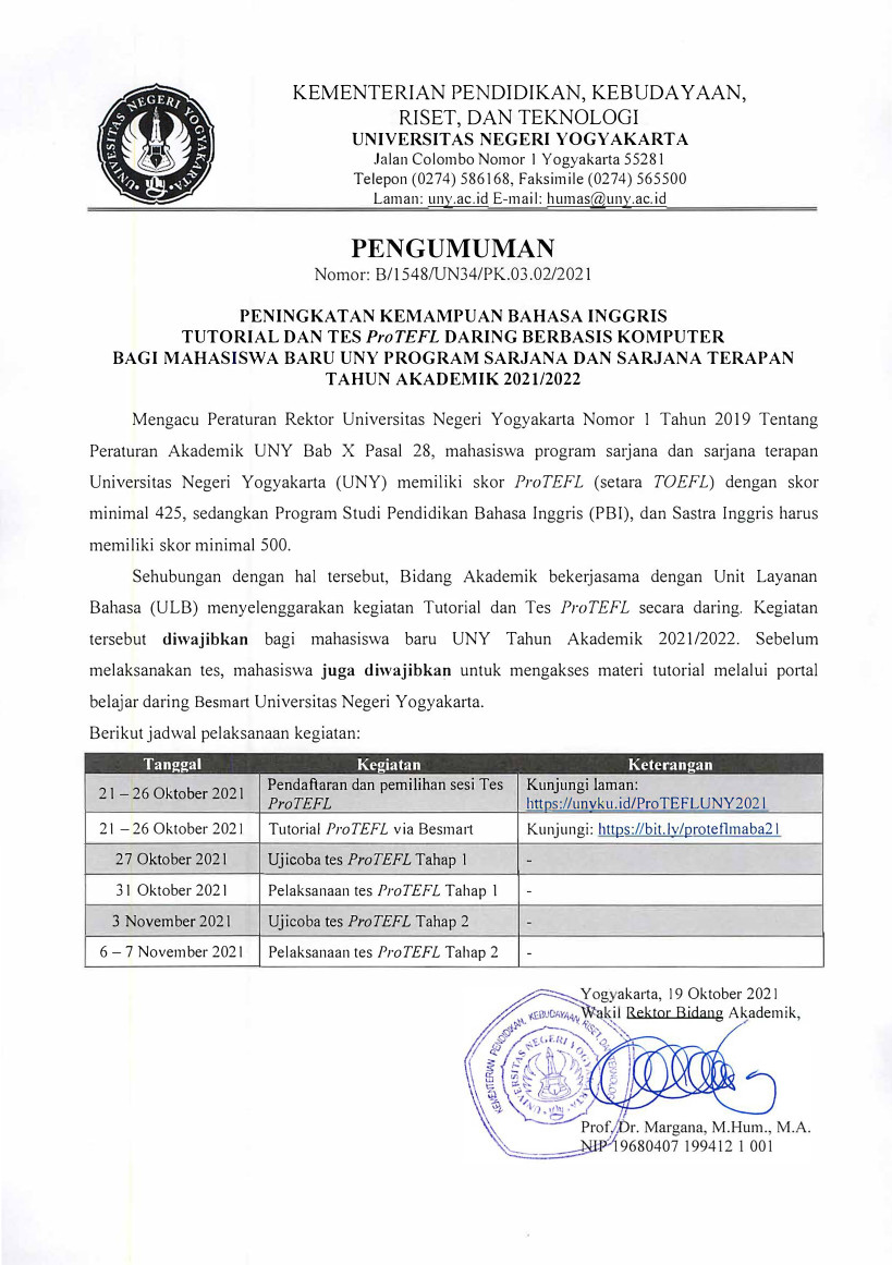 PENINGKATAN BAHASA INGGRIS DAN TES PROTEFL BAGI MAHASISWA BARU S1 DAN D4 TA 2021/2022