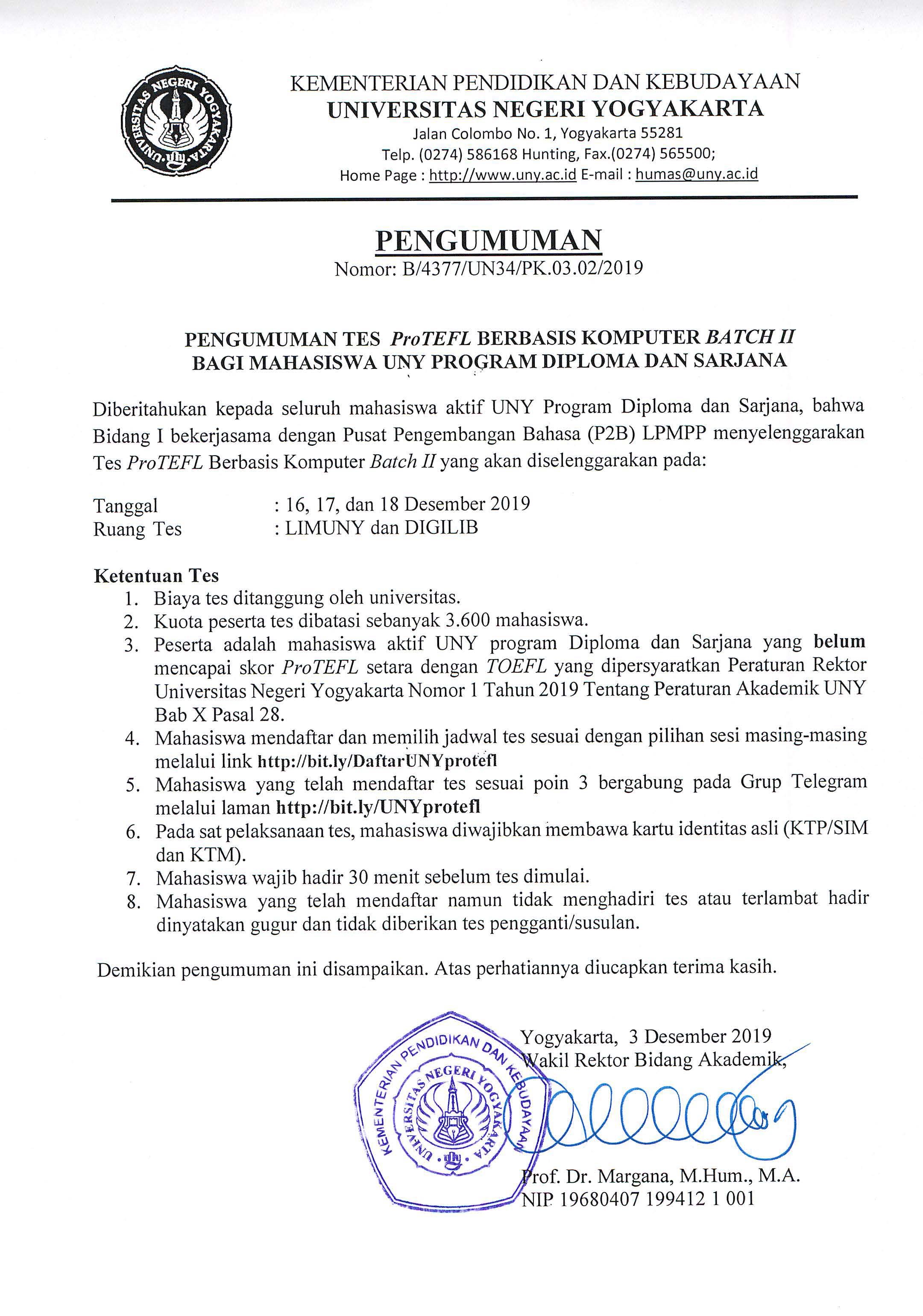 Pengumuman Tes ProTEFL Berbasis Komputer BATCH II Bagi Mahasiswa UNY Program Diploma dan Sarjana