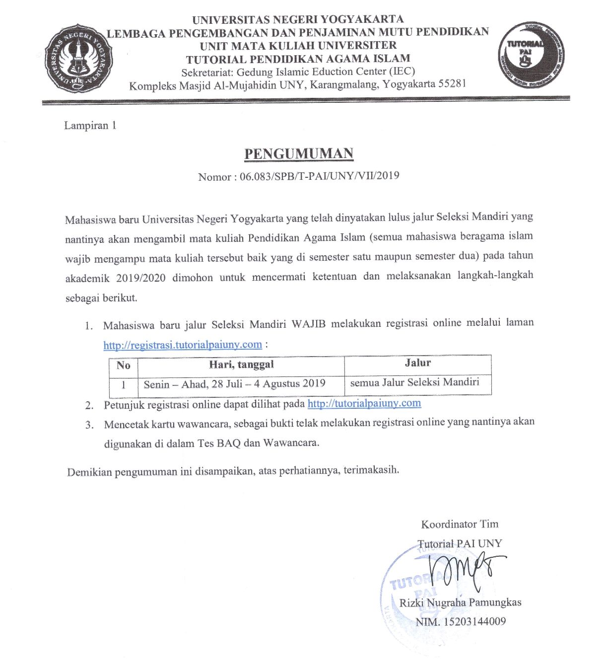 PENGUMUMAN REGISTRASI ONLINE TUTORIAL PAI MAHASISWA BARU SELEKSI MANDIRI
