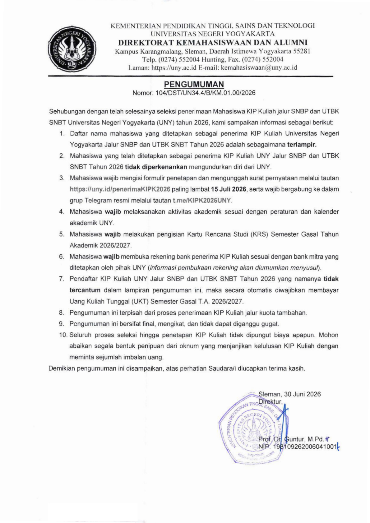 Penerima KIP Kuliah SBNP SNBT 2026