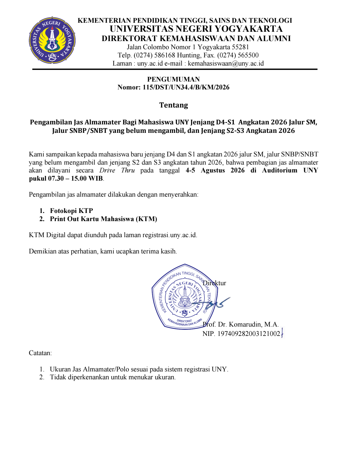 pengambilan Jas Almamater bulan Agustus 2026