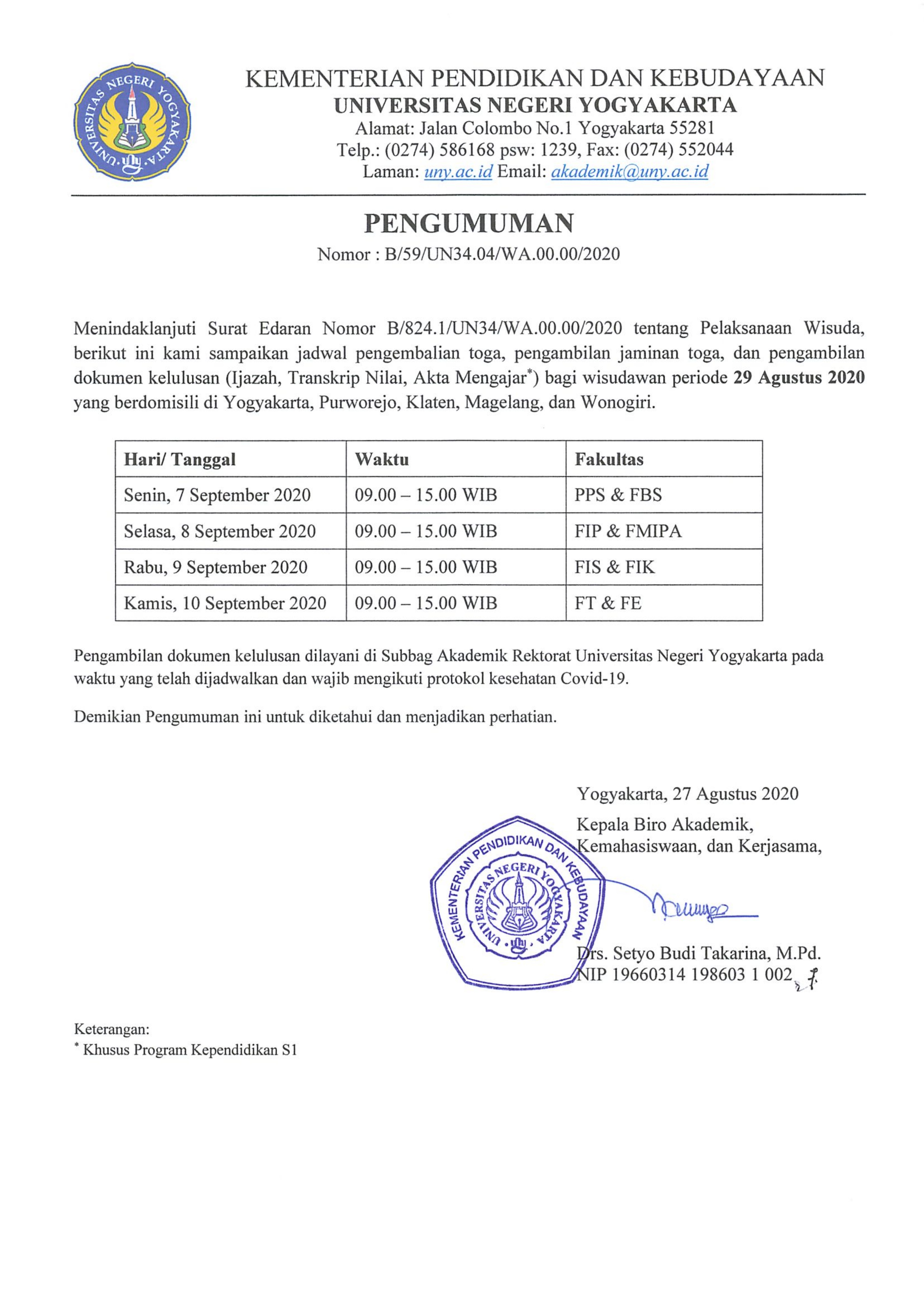 JADWAL PENGEMBALIAN TOGA WISUDA 29 AGUSTUS 2020 DOMISILI DIY DAN SEKITARNNYA