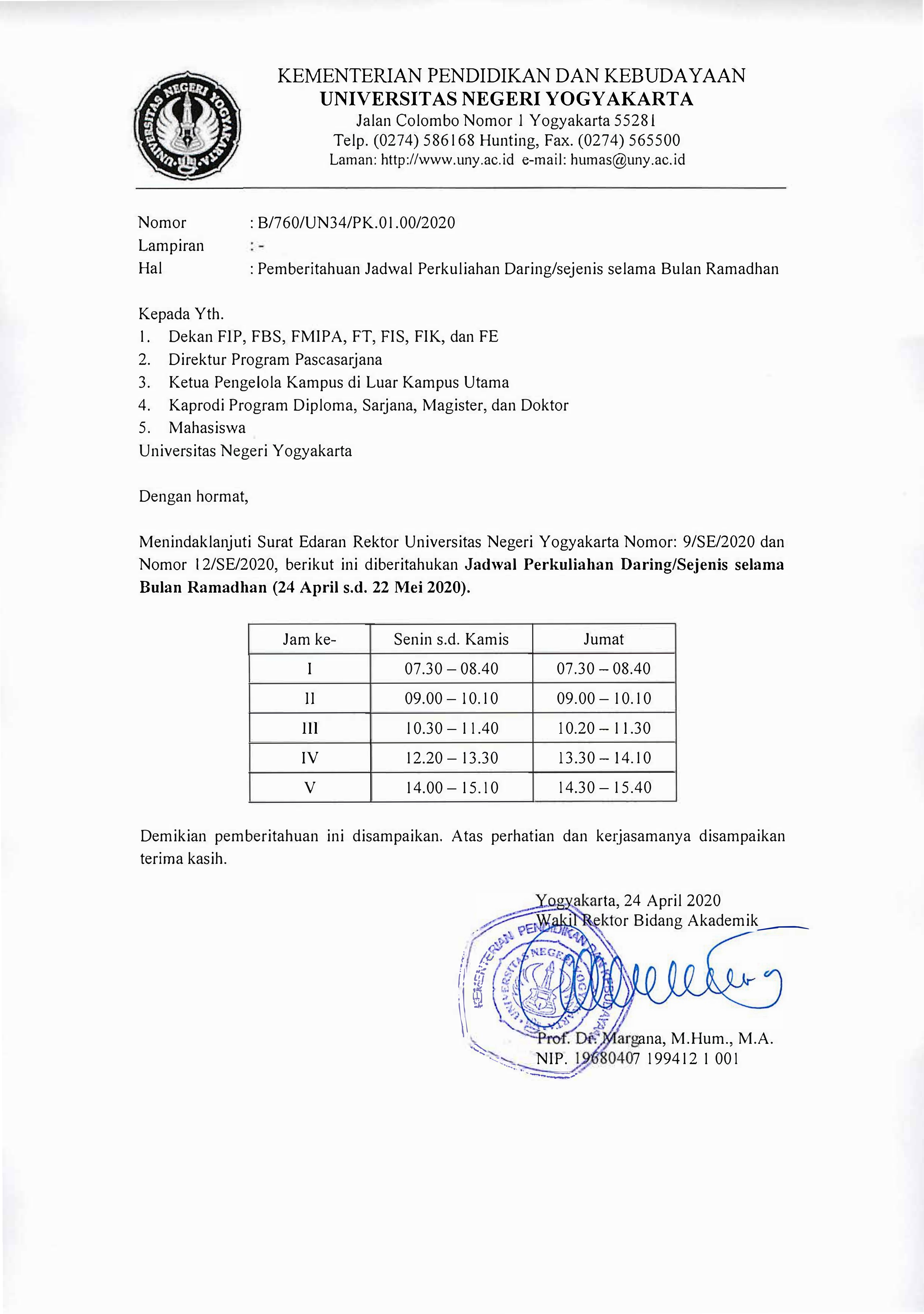 JADWAL PERKULIAHAN DARING SELAMA BULAN RAMADHAN 1441H/2020M