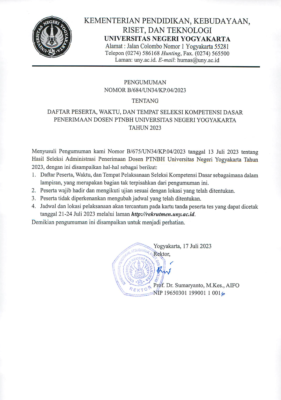 DAFTAR PESERTA, WAKTU, DAN TEMPAT SELEKSI KOMPETENSI DASAR PENERIMAAN DOSEN PTNBH UNIVERSITAS NEGERI YOGYAKARTA 2023