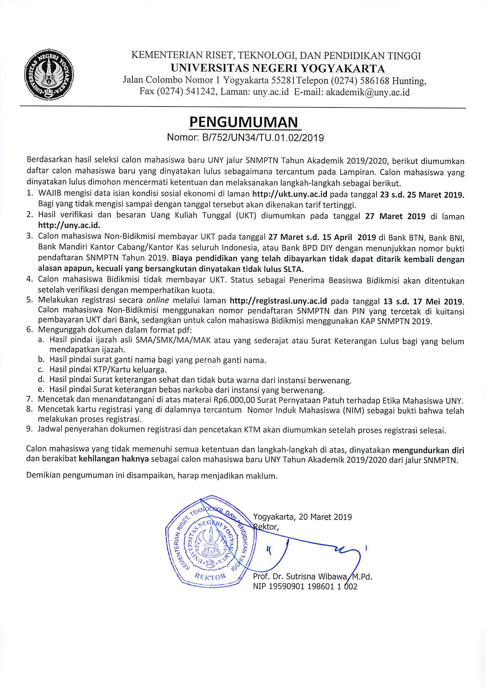 PENGUMUMAN BAGI CALON MAHASISWA BARU JALUR SNMPTN 2019