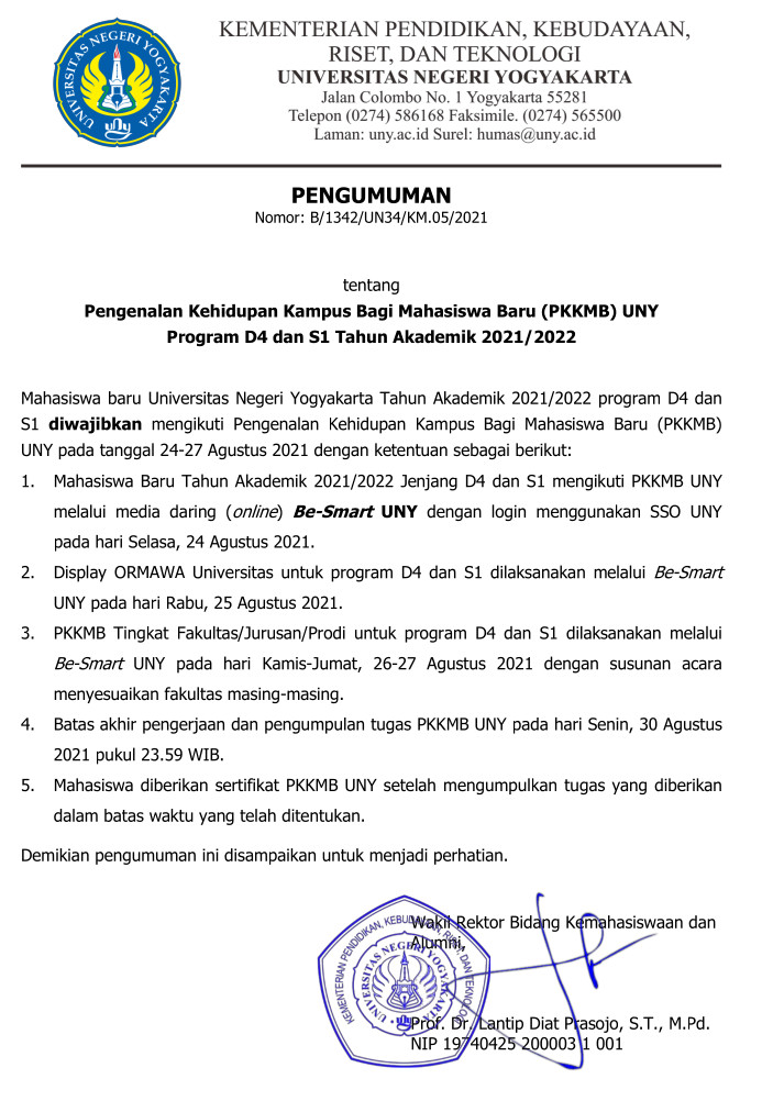 PENGENALAN KEHIDUPAN KAMPUS BAGI MAHASISWA BARU UNY PROGRAM D4-S1 TA 2021/2022