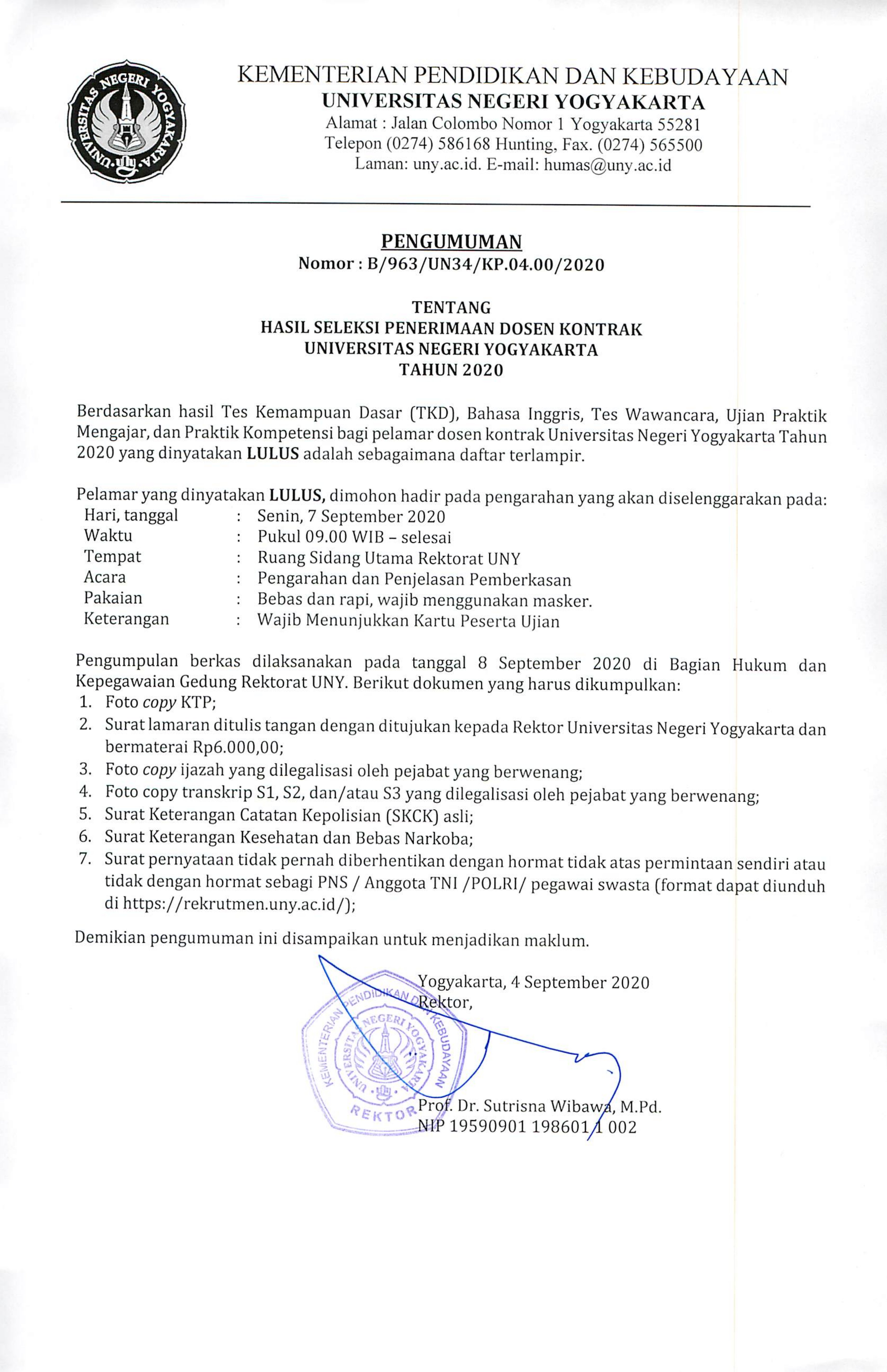 PENGUMUMAN HASIL AKHIR SELEKSI PENERIMAAN DOSEN KONTRAK UNY 2020