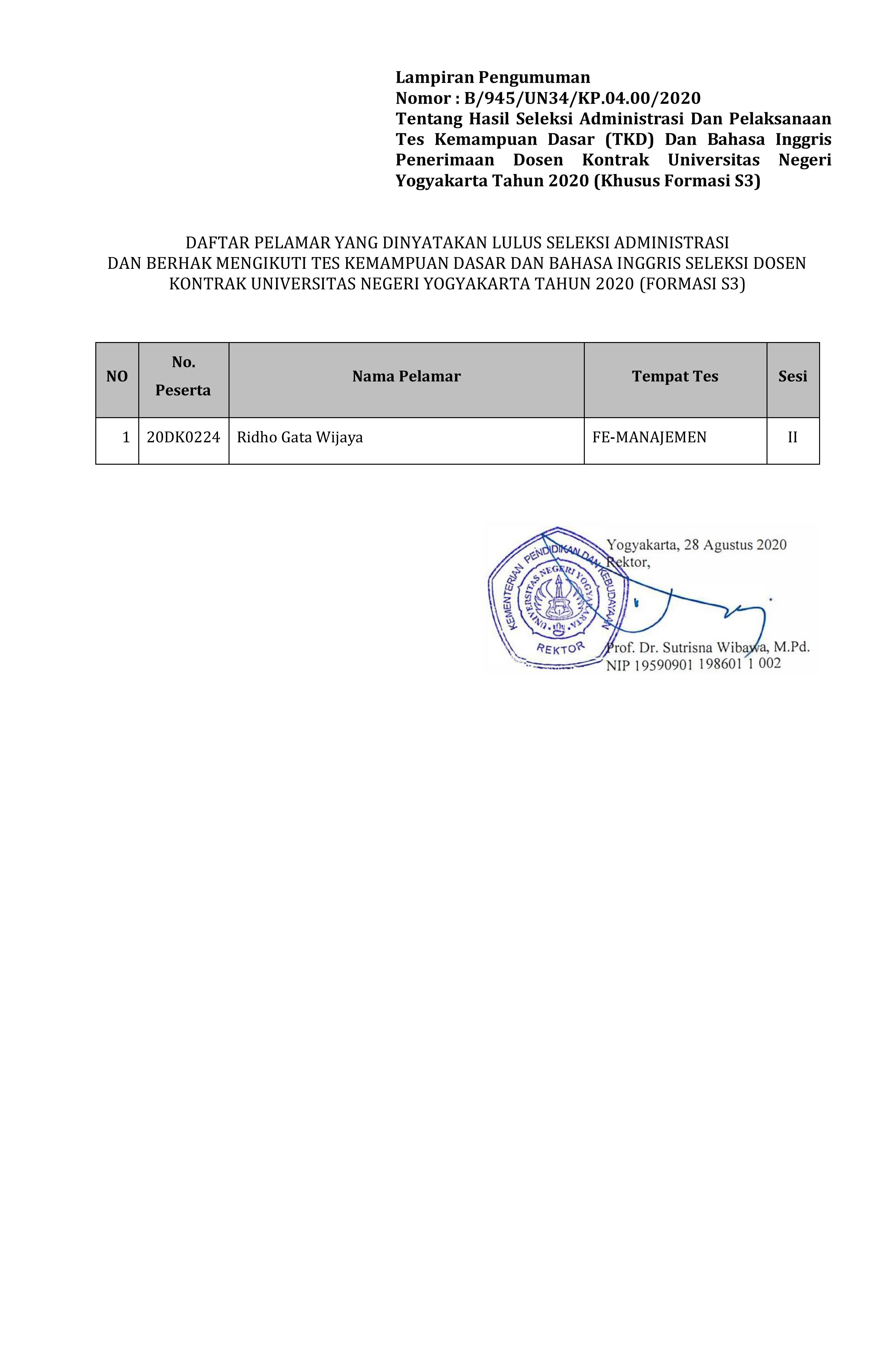 PENGUMUMAN HASIL SELEKSI ADMINISTRASI DAN PELAKSANAAN TKD DAN BAHASA INGGRIS PENERIMAAN DOSEN KONTRAK UNY FORMASI S3