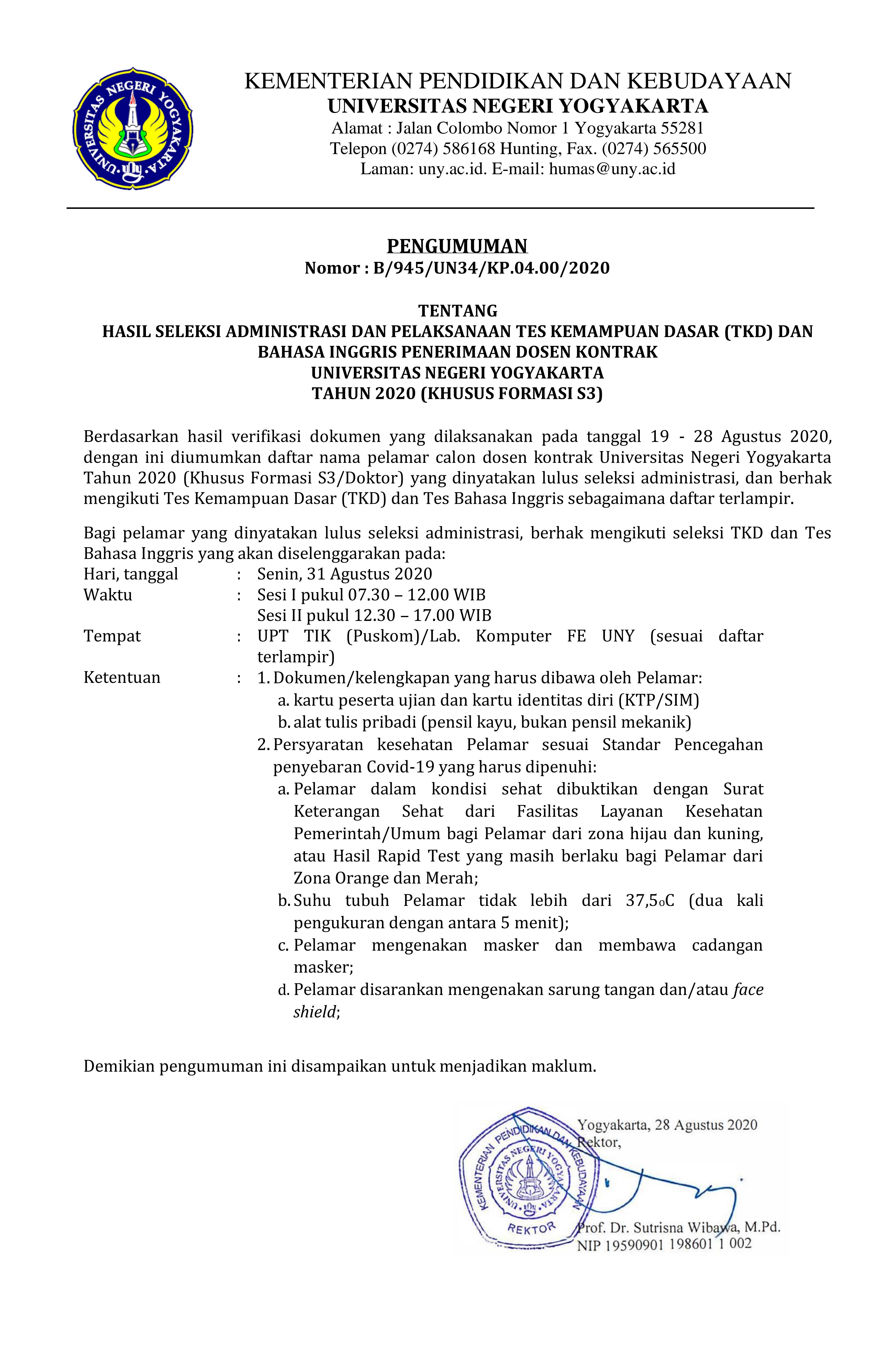 PENGUMUMAN HASIL SELEKSI ADMINISTRASI DAN PELAKSANAAN TKD DAN BAHASA INGGRIS PENERIMAAN DOSEN KONTRAK UNY FORMASI S3