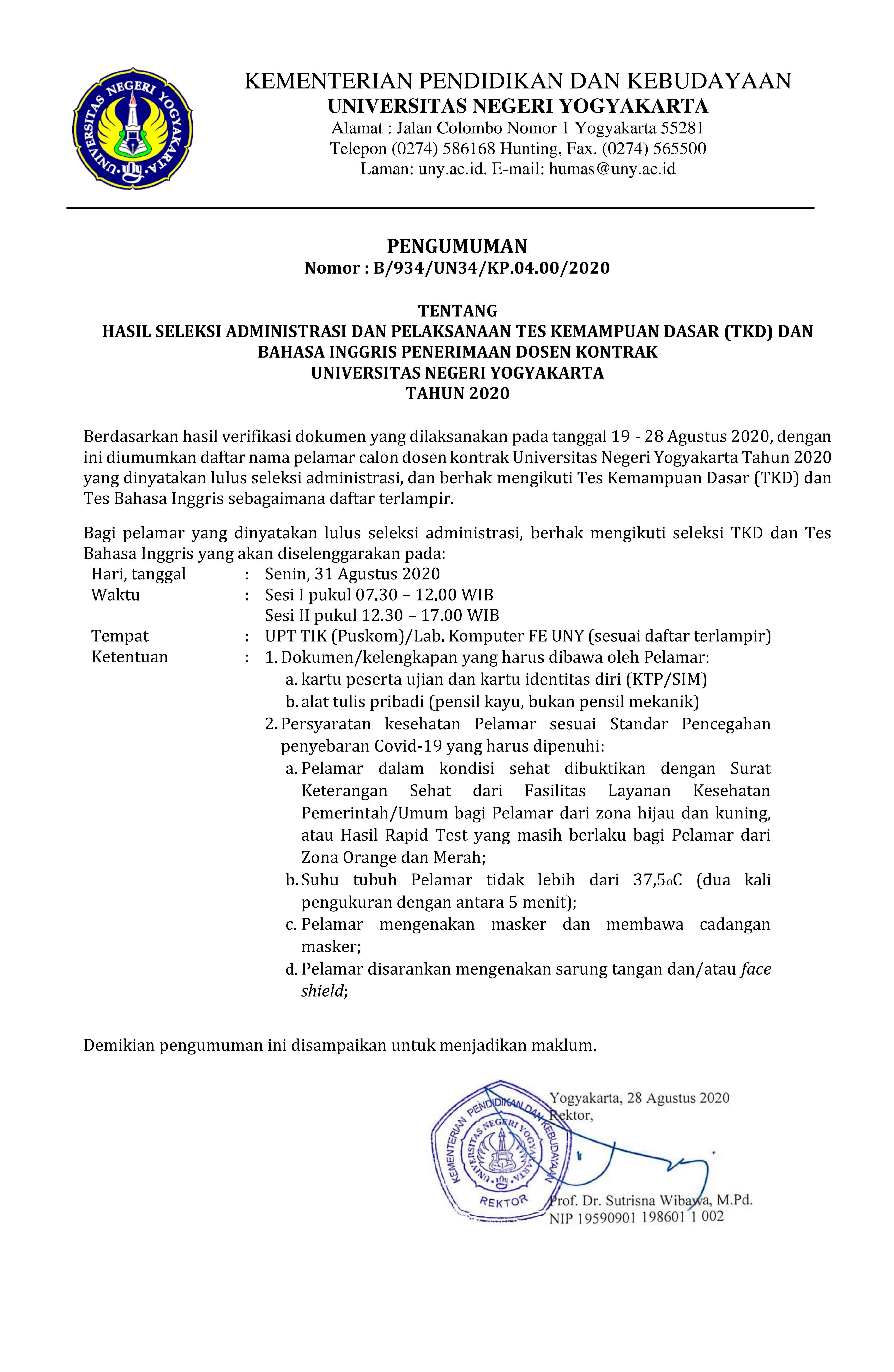 PENGUMUMAN HASIL SELEKSI ADMINISTRASI DAN PELAKSANAAN TKD DAN BAHASA INGGRIS PENERIMAAN DOSEN KONTRAK UNY