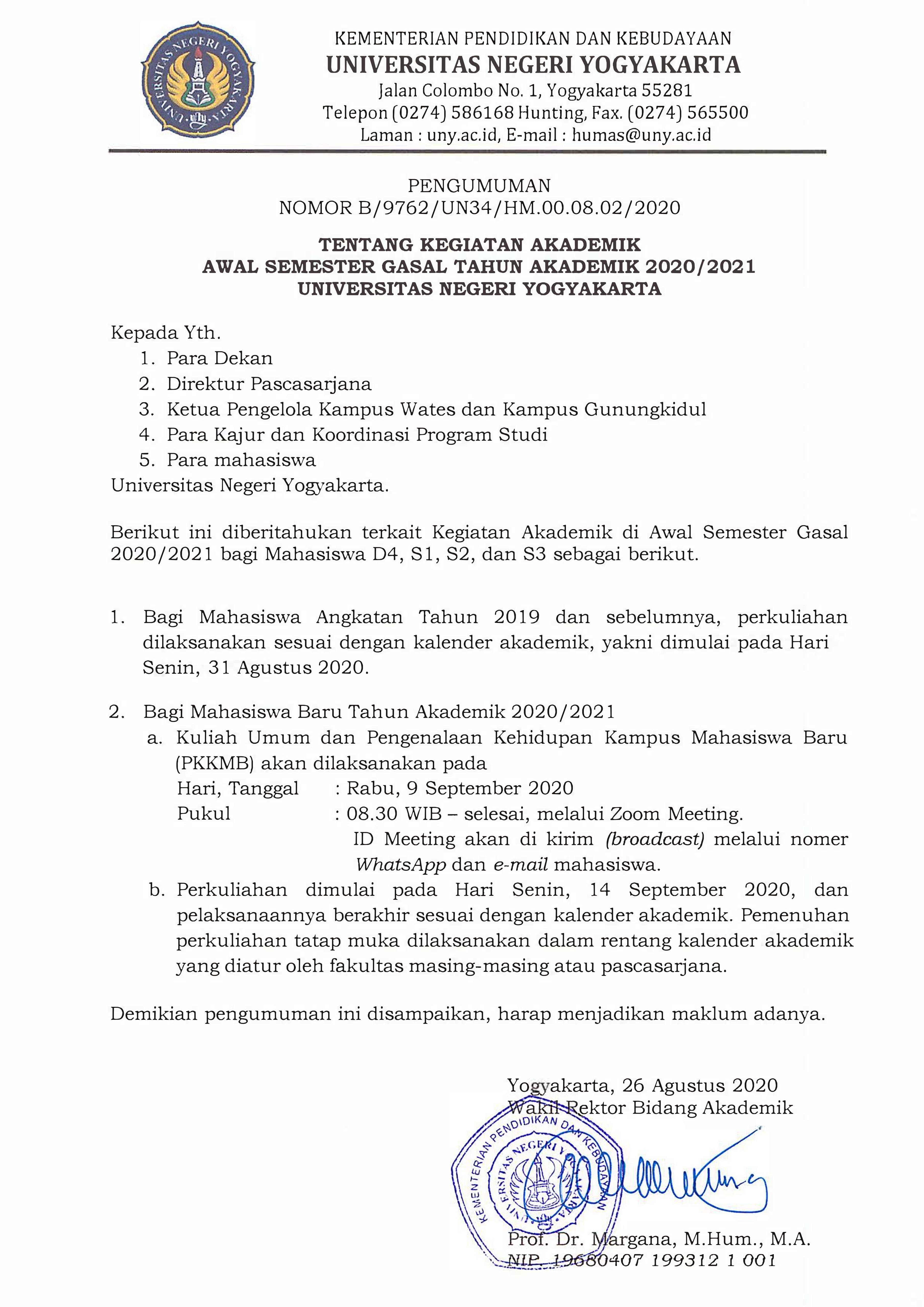 PENGUMUMAN KEGIATAN AKADEMIK AWAL SEMESTER GASAL 2020/2021