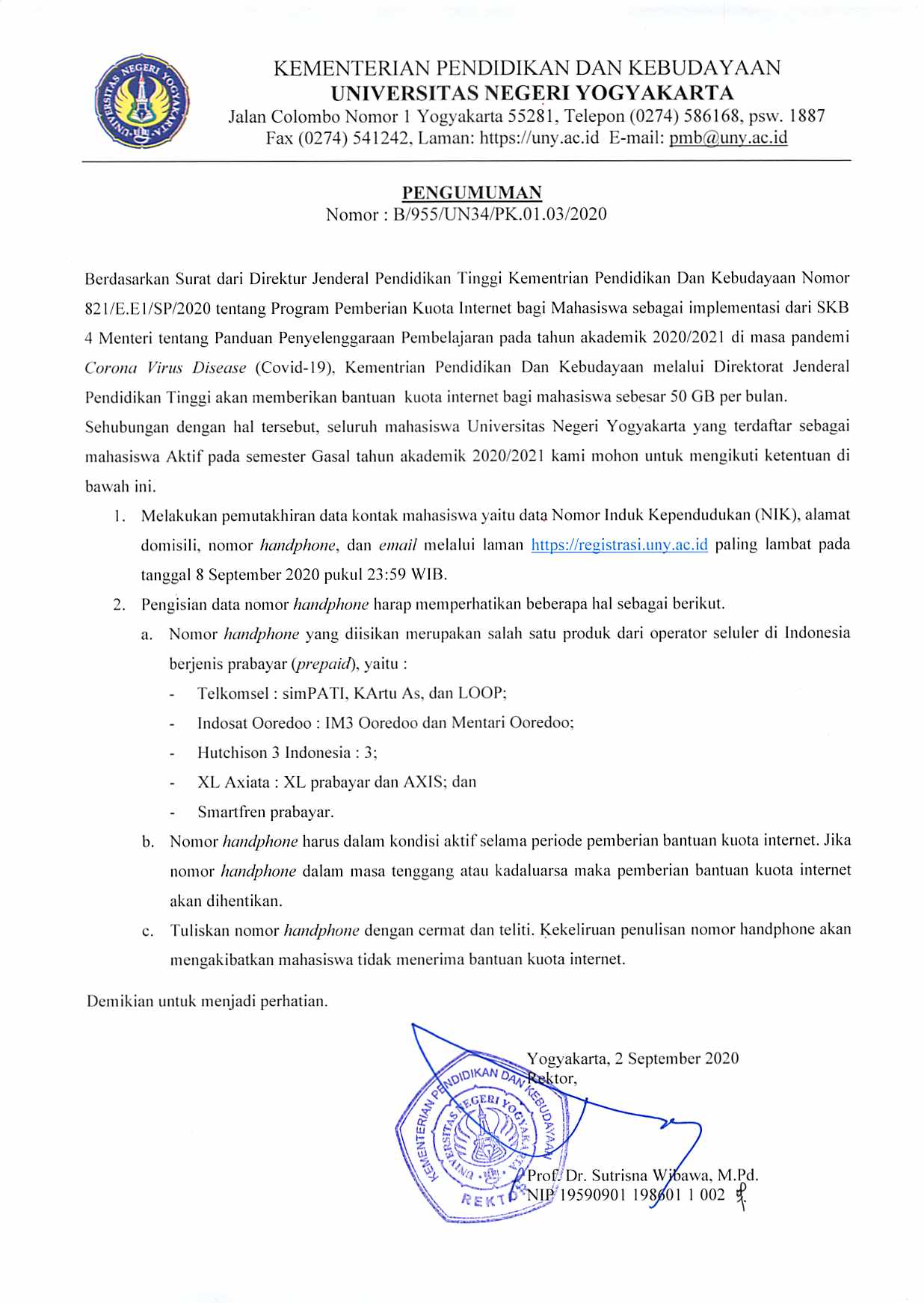 BANTUAN KUOTA INTERNET BAGI MAHASISWA AKTIF UNY DARI KEMENDIKBUD