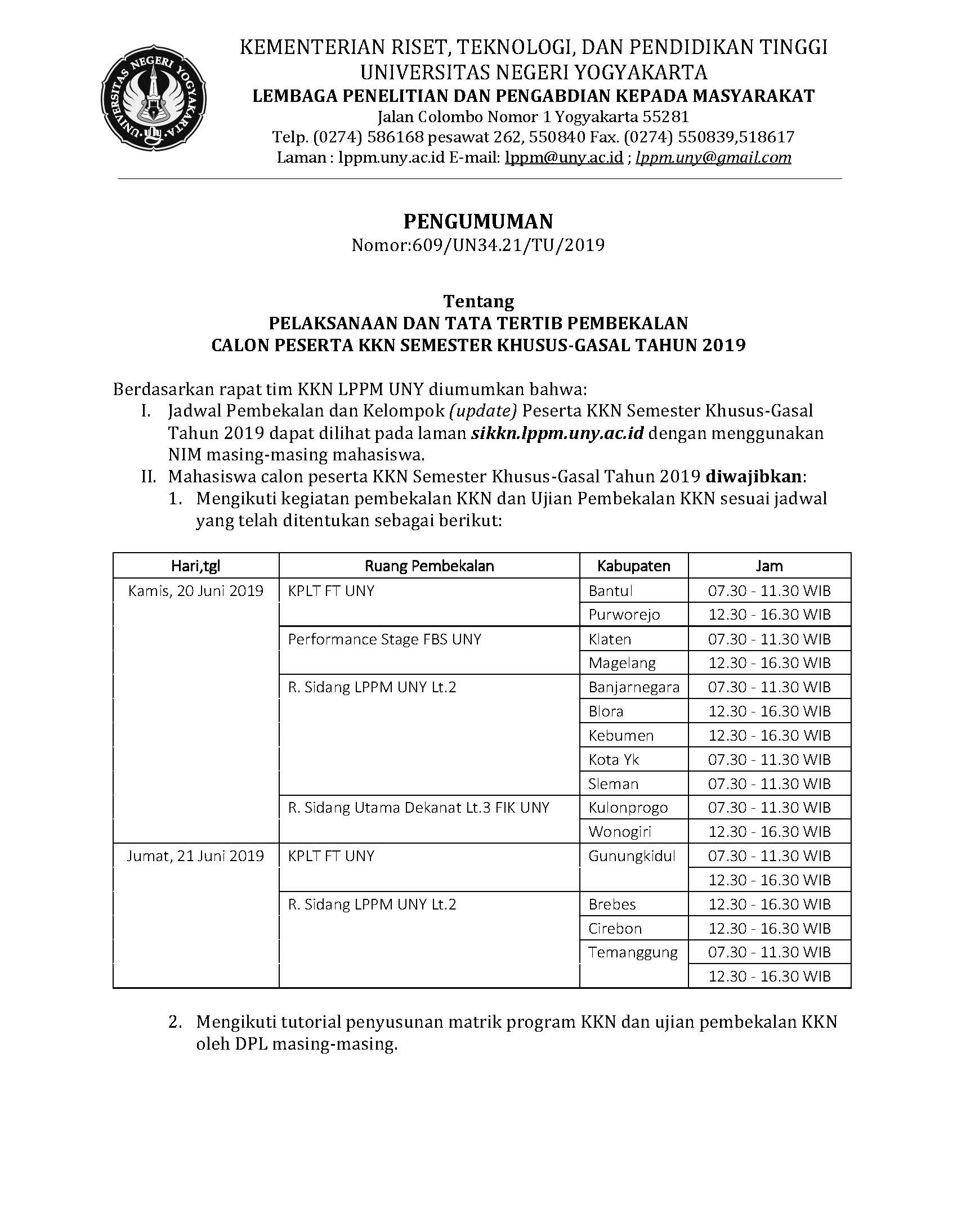 PENGUMUMAN PEMBEKALAN KKN1