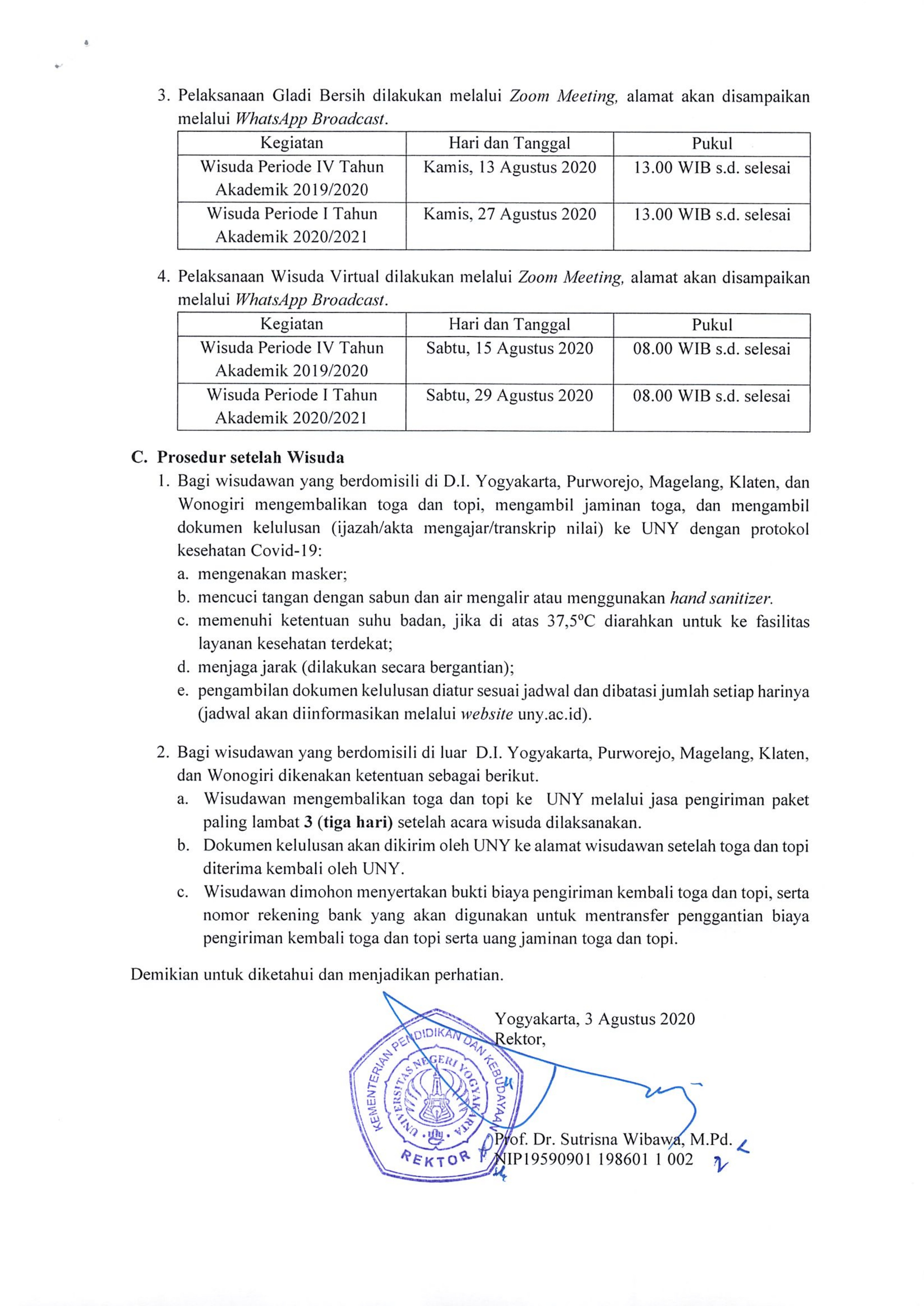 PENGUMUMAN WISUDA PERIODE JUNI DAN AGUSTUS 2020