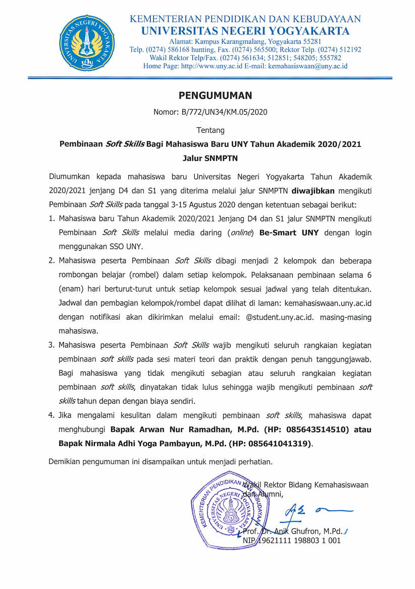 PEMBINAAN SOFT SKILLS BAGI MAHASISWA BARU UNY TAHUN AKADEMIK 2020/2021 JALUR SNMPTN