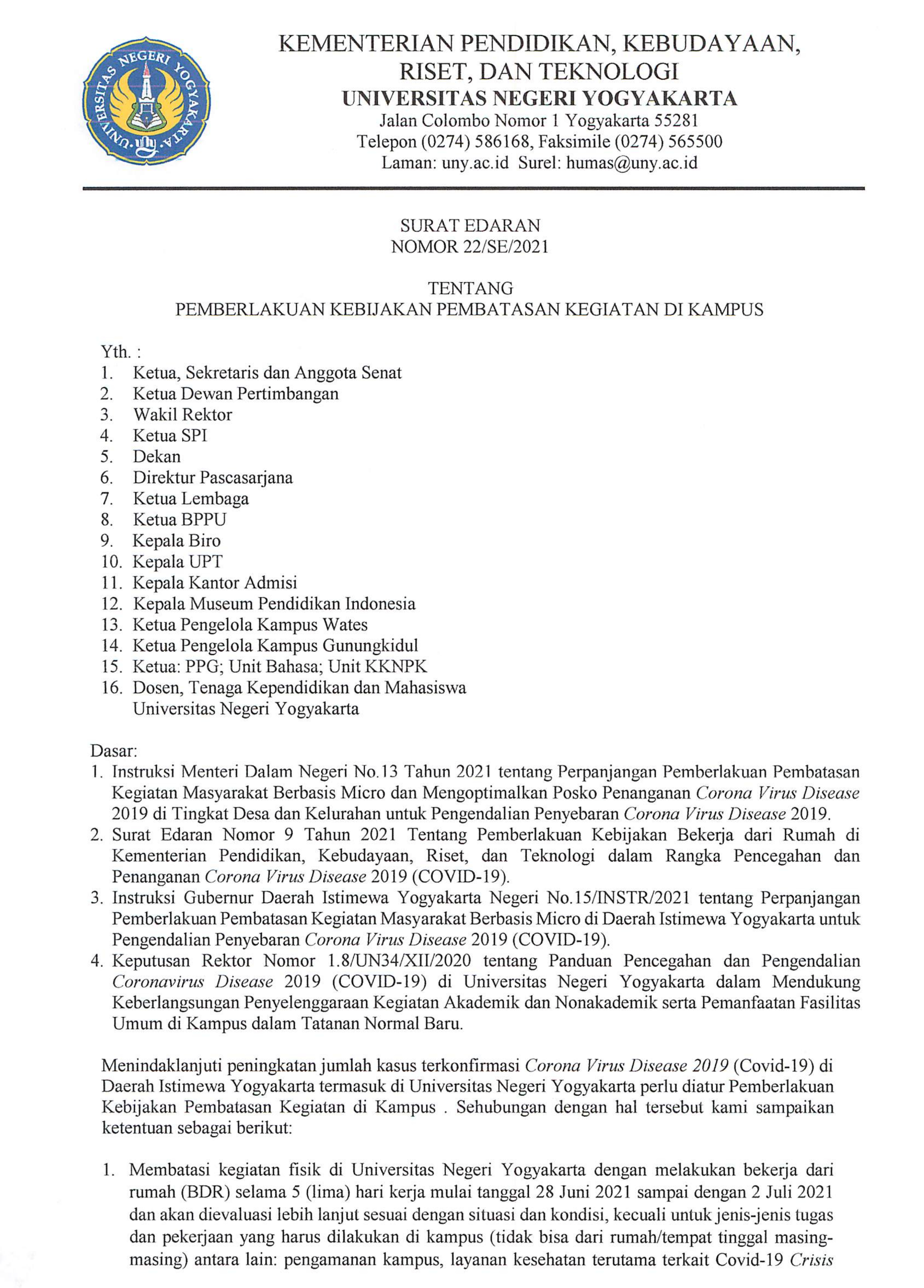 PERATURAN REKTOR NOMOR 9 TAHUN 2021 TENTANG BANTUAN BIAYA PERAWATAN KESEHATAN BAGI PEGAWAI YANG ISOLASI MANDIRI ATAU TERKONFIRMASI POSITIF COVID-19 SILAKAN UNDUH DI LAMPIRAN