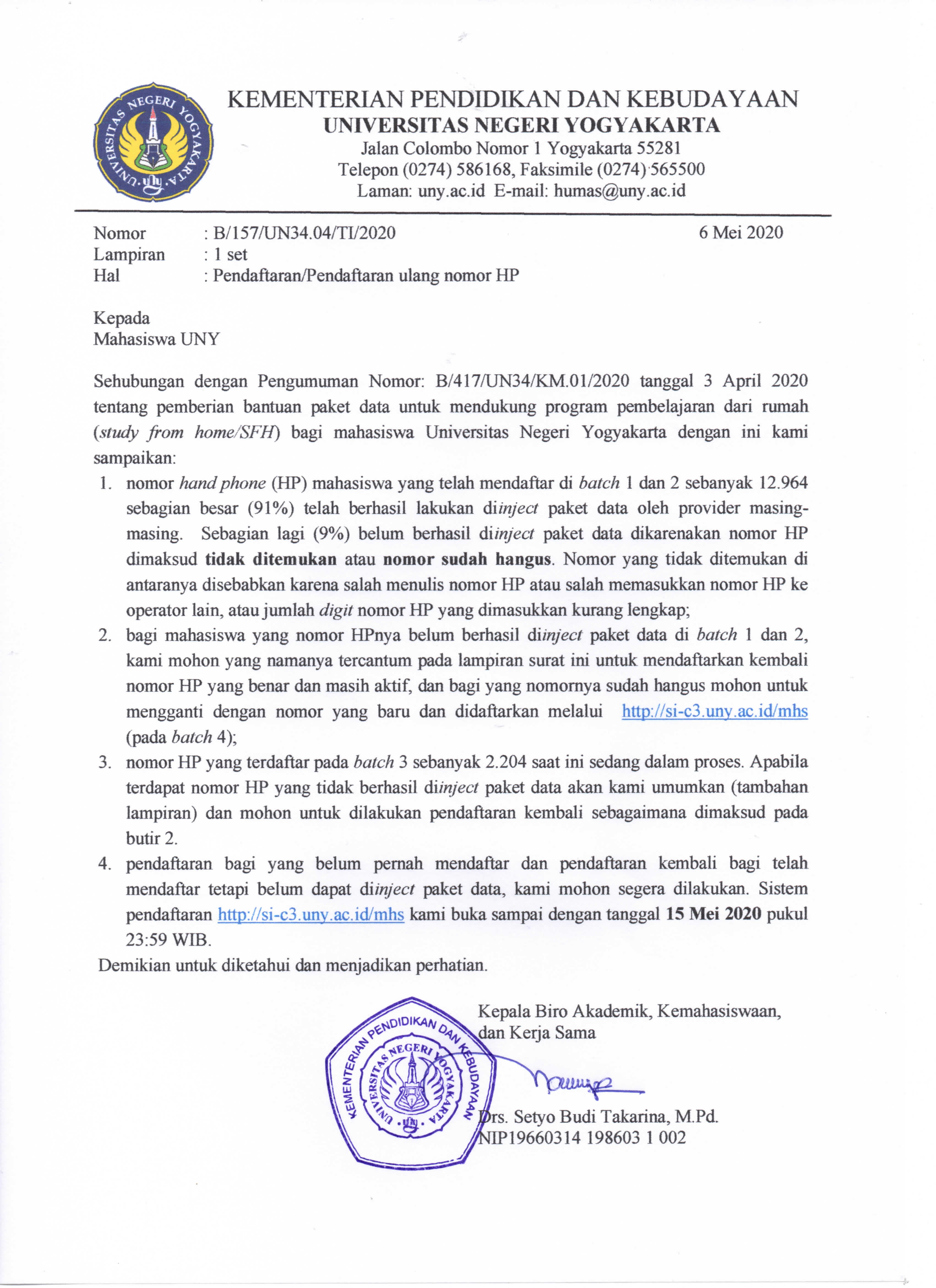 [UPDATE] PENDAFTARAN/PENDAFTARAN ULANG NOMOR HP BANTUAN PAKET DATA MAHASISWA