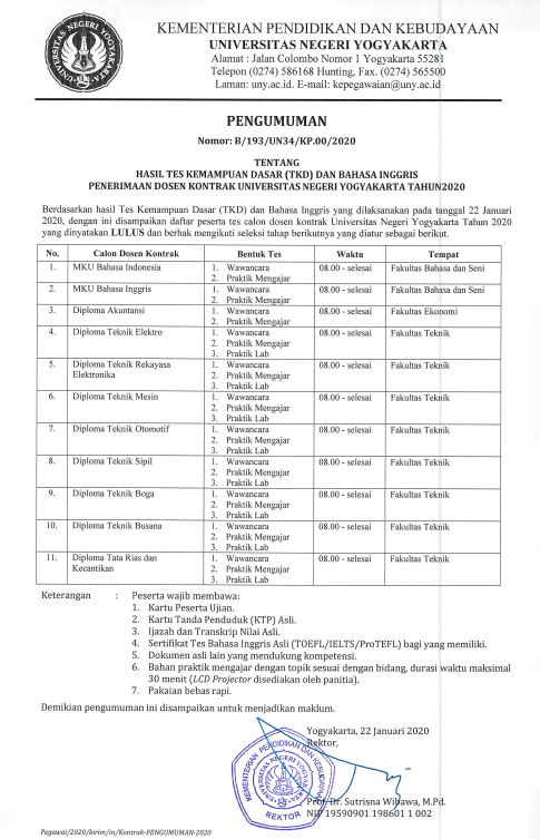 Pengumuman Hasil Tes Kemampuan Dasar (TKD) dan Bhs. Inggris Penerimaan Dosen Kontrak UNY Tahun 2020