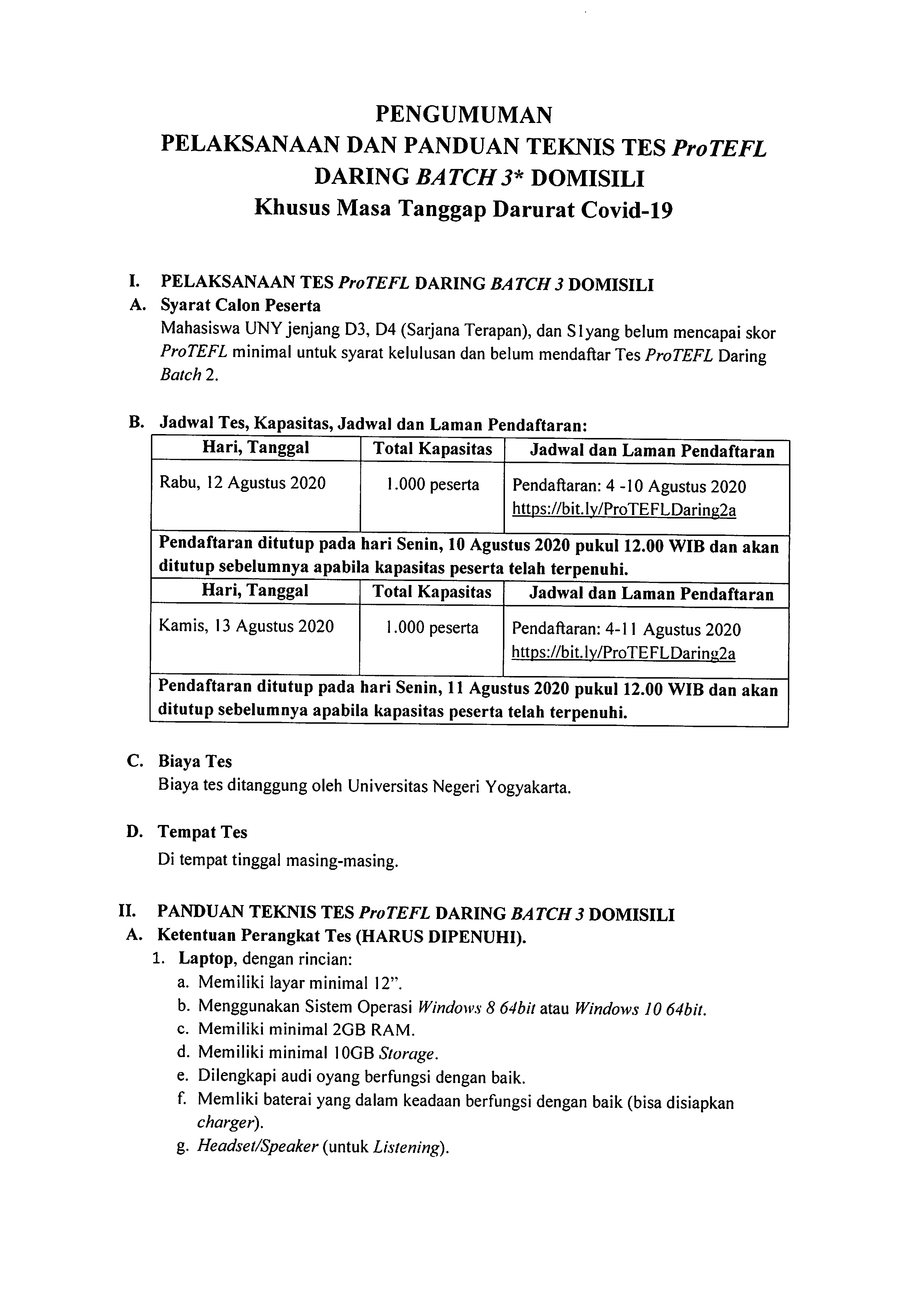 PELAKSANAAN DAN PANDUAN TEKNIS TES ProTEFL DARING BATCH 3 DOMISILI