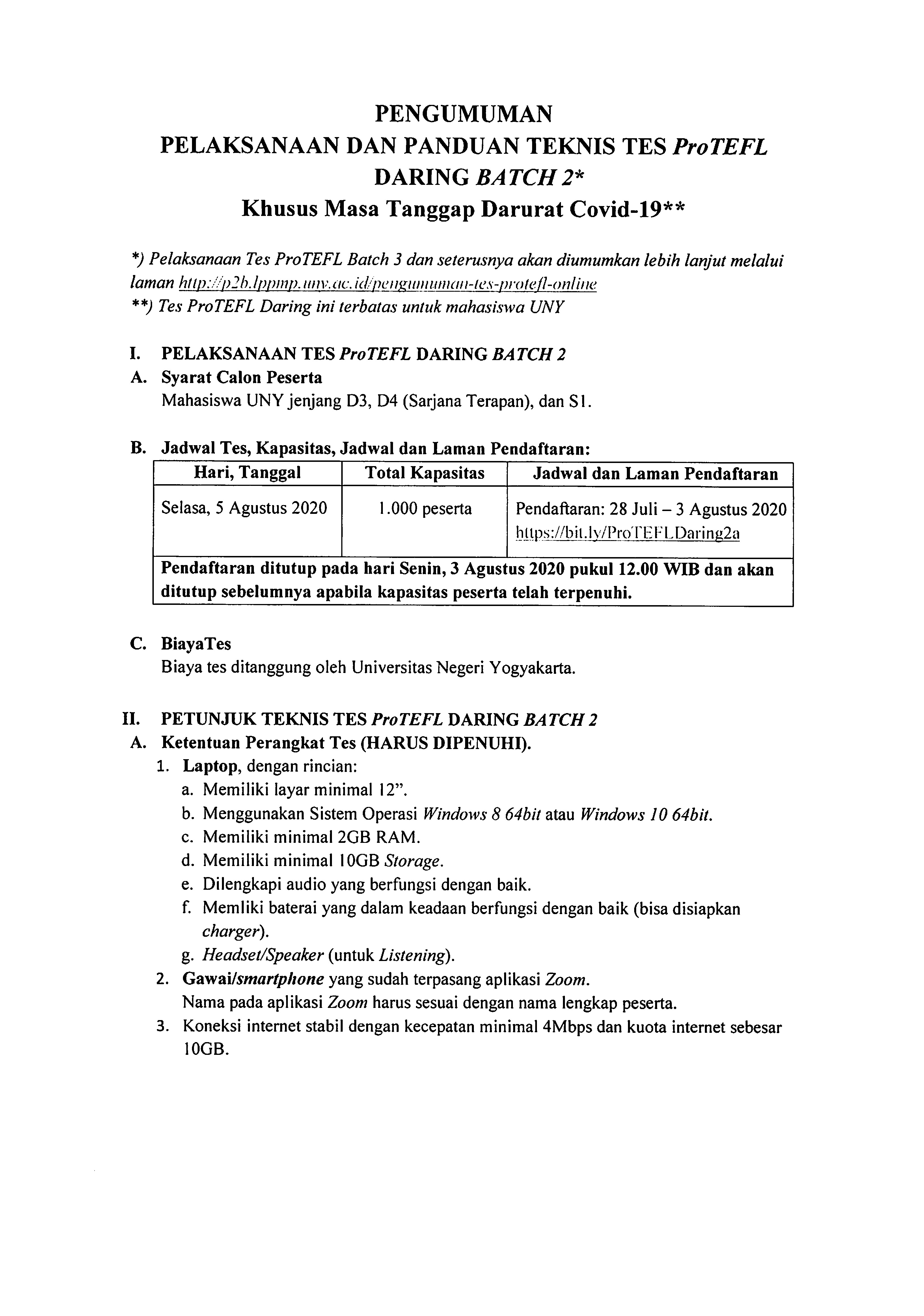 PELAKSANAAN DAN PANDUAN TEKNIS TES ProTEFL DARING BATCH 2