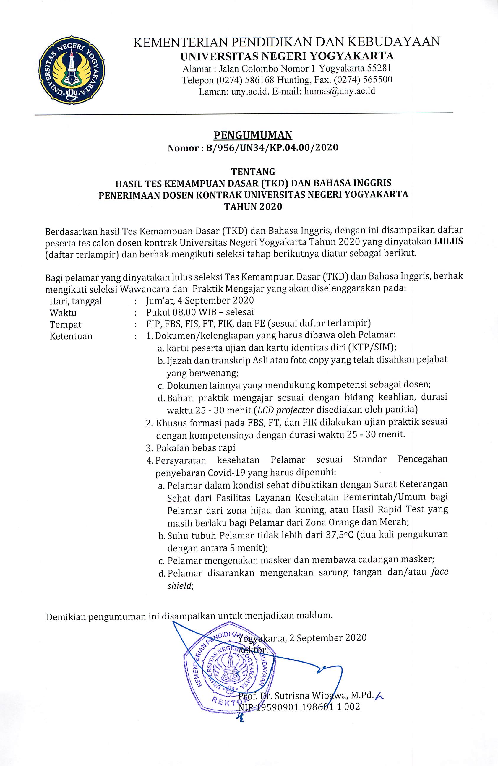 PENGUMUMAN HASIL TES KEMAMPUAN DASAR DAN BAHASA INGGRIS PENERIMAAN DOSEN KONTRAK UNY 2020