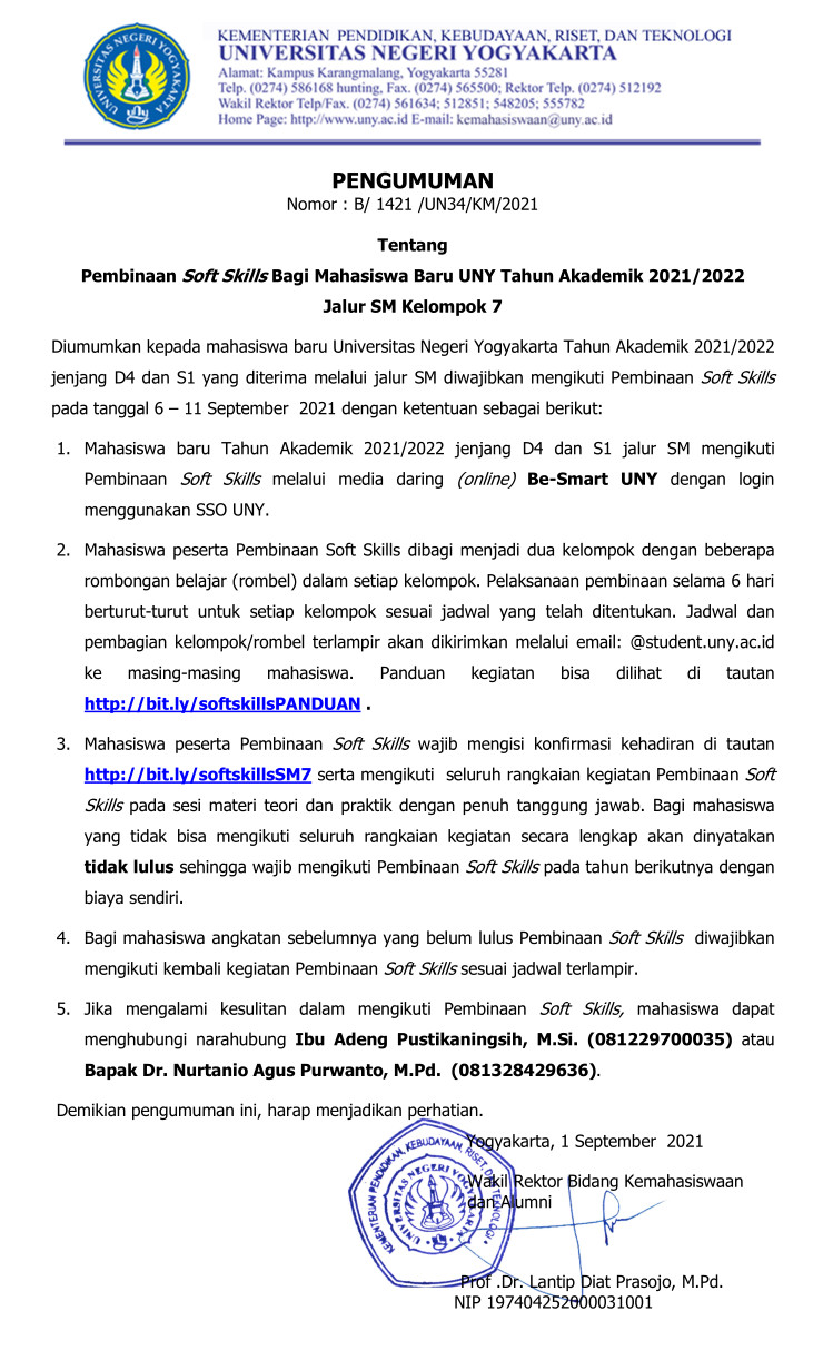 PEMBINAAN SOFT SKILLS BAGI MAHASISWA BARU UNY TAHUN AKADEMIK 2021/2022 JALUR SM KELOMPOK 7