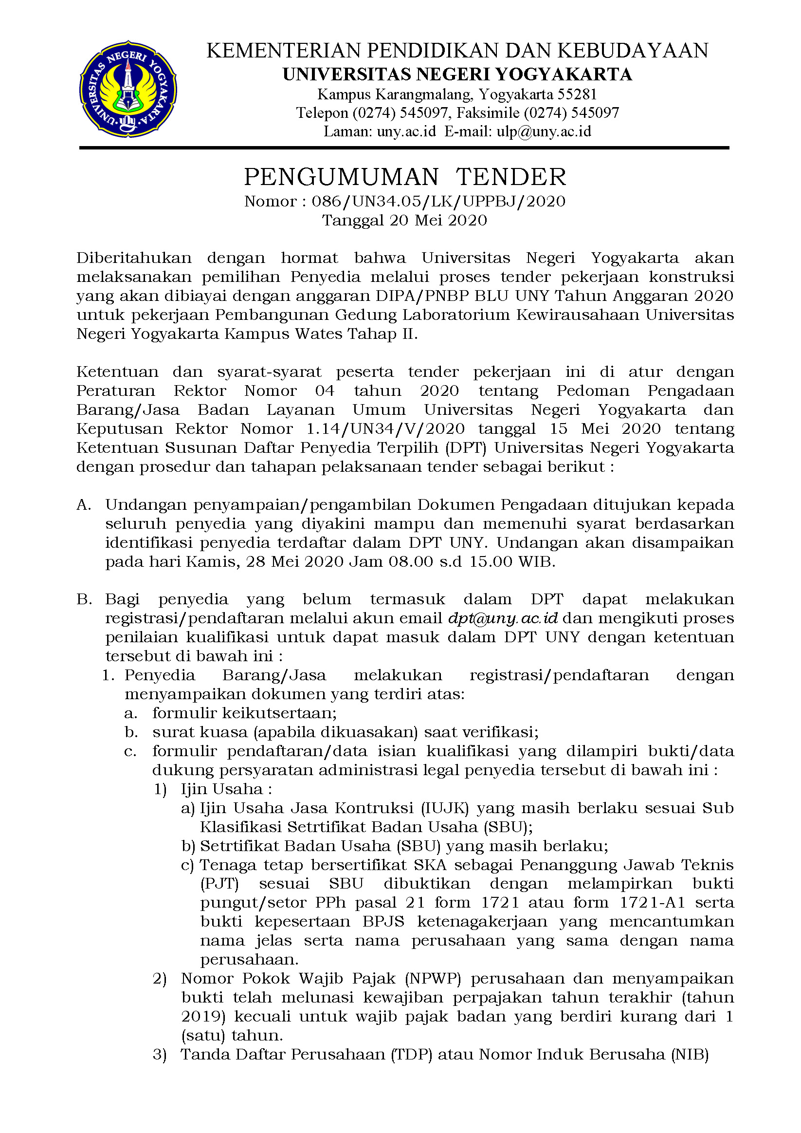 PENGUMUMAN TENDER