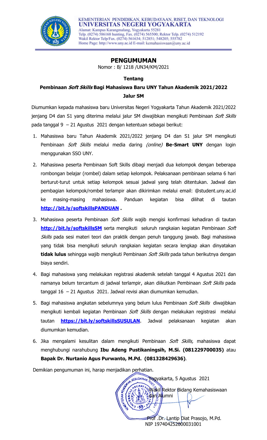 PEMBINAAN SOFT SKILLS BAGI MAHASISWA BARU UNY TAHUN AKADEMIK 2021/2022 JALUR SM