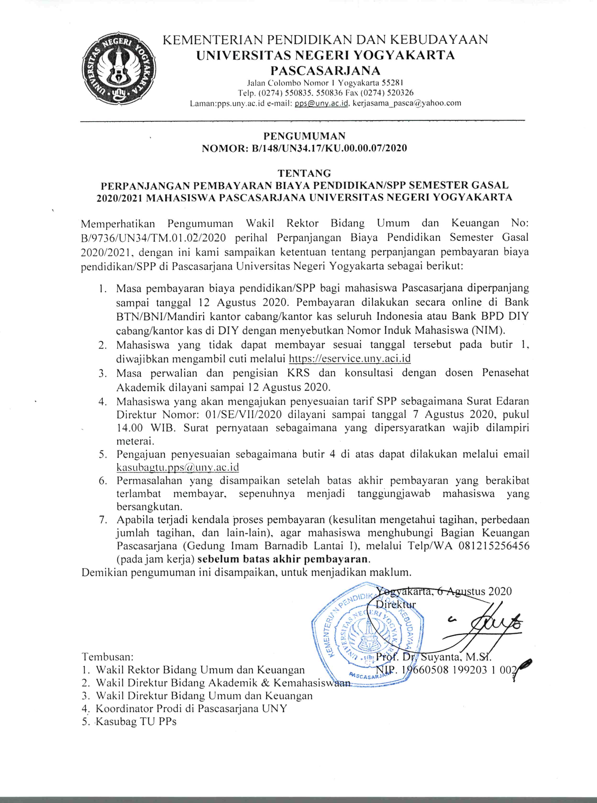 PERPANJANGAN PEMBAYARAN BIAYA PENDIDIKAN/UKT SEMESTER GASAL 2020/2021
