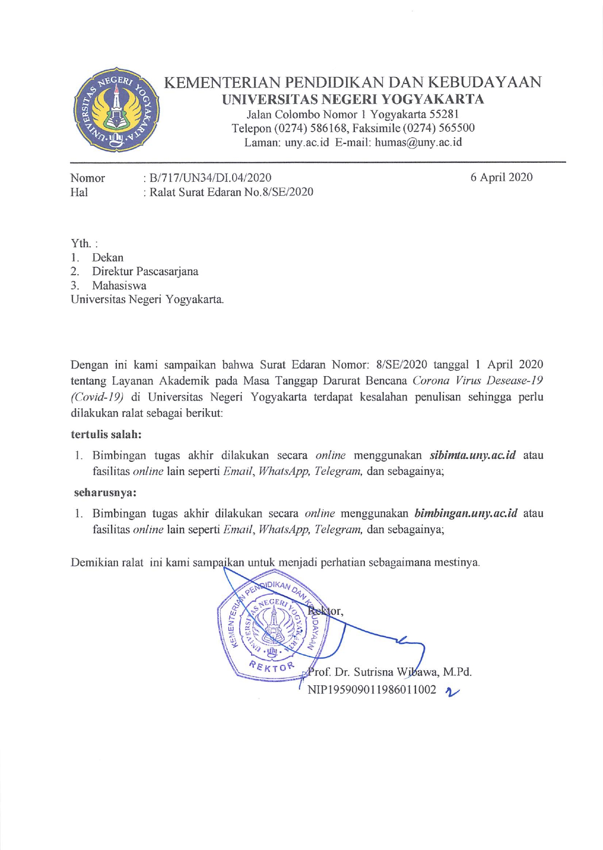 RALAT SE NO. 8/SE/UNY/2020 [6 APRIL 2020]: