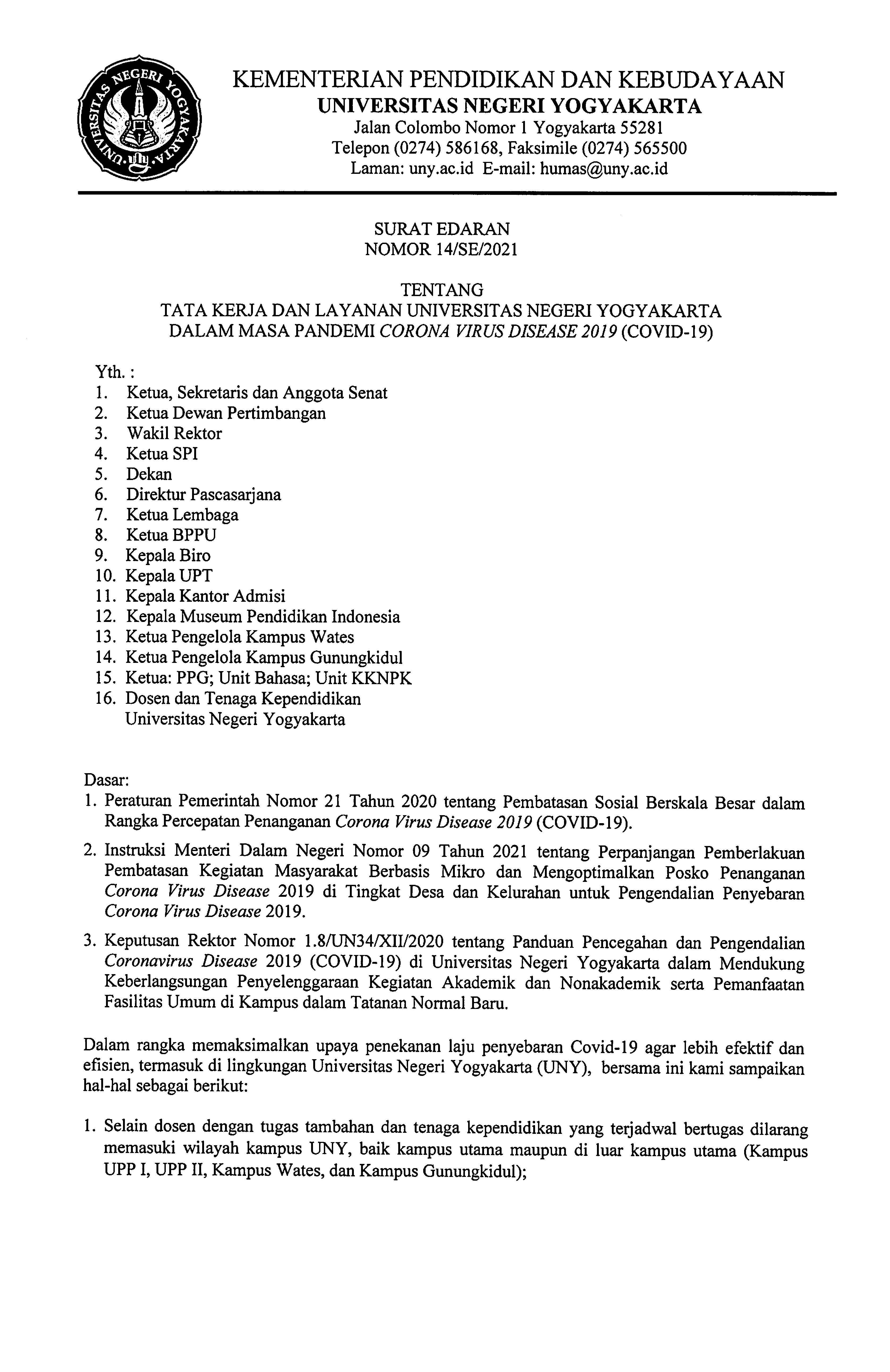 SURAT EDARAN NO. 14/SE/2021 TENTANG TATA KERJA DAN LAYANAN UNY DALAM MASA PANDEMI COVID-19