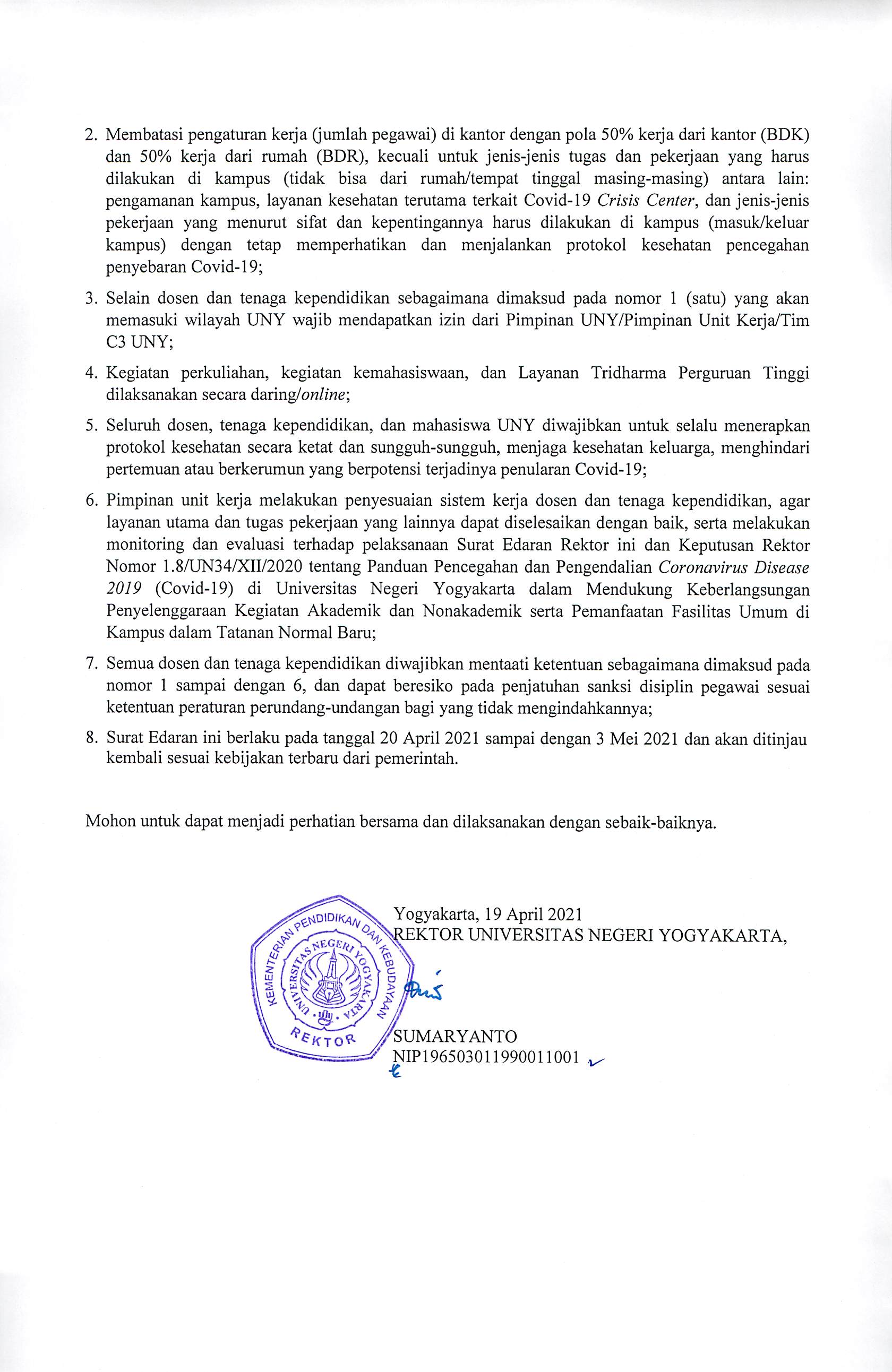 SURAT EDARAN NO. 14/SE/2021 TENTANG TATA KERJA DAN LAYANAN UNY DALAM MASA PANDEMI COVID-19