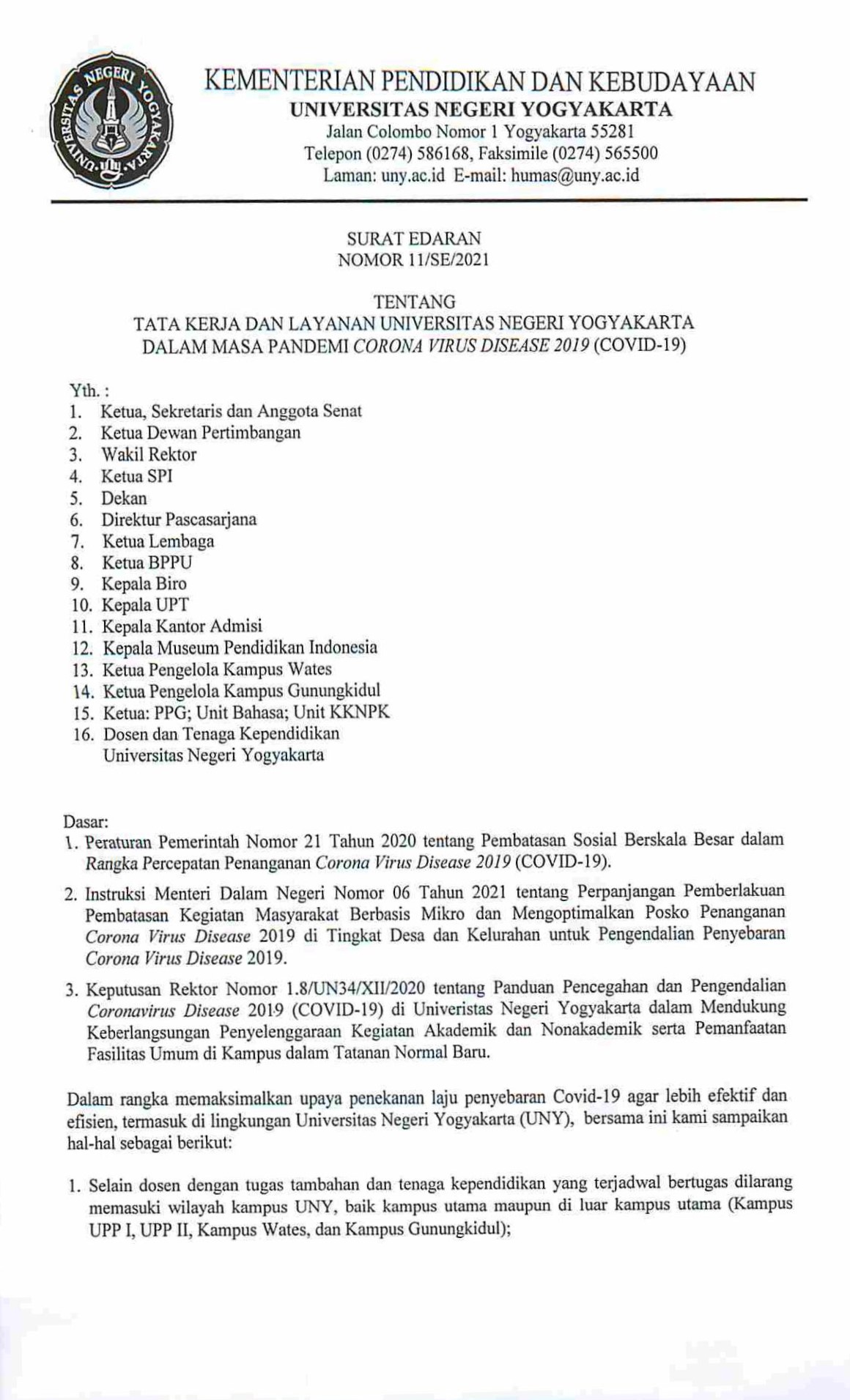 SURAT EDARAN NO. 11/SE/2021 TENTANG TATA KERJA DAN LAYANAN UNY DALAM MASA PANDEMI COVID-19