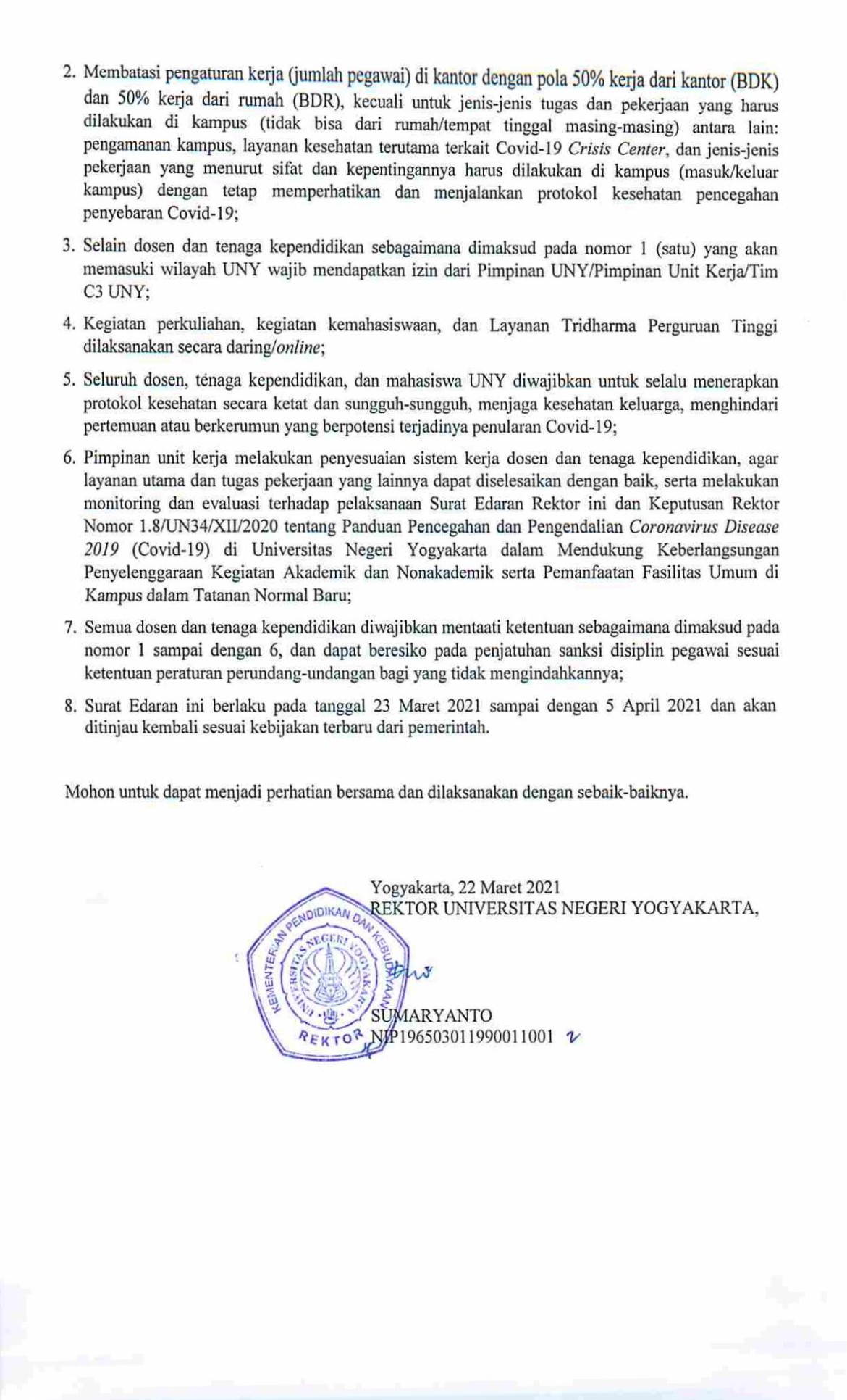 SURAT EDARAN NO. 11/SE/2021 TENTANG TATA KERJA DAN LAYANAN UNY DALAM MASA PANDEMI COVID-19