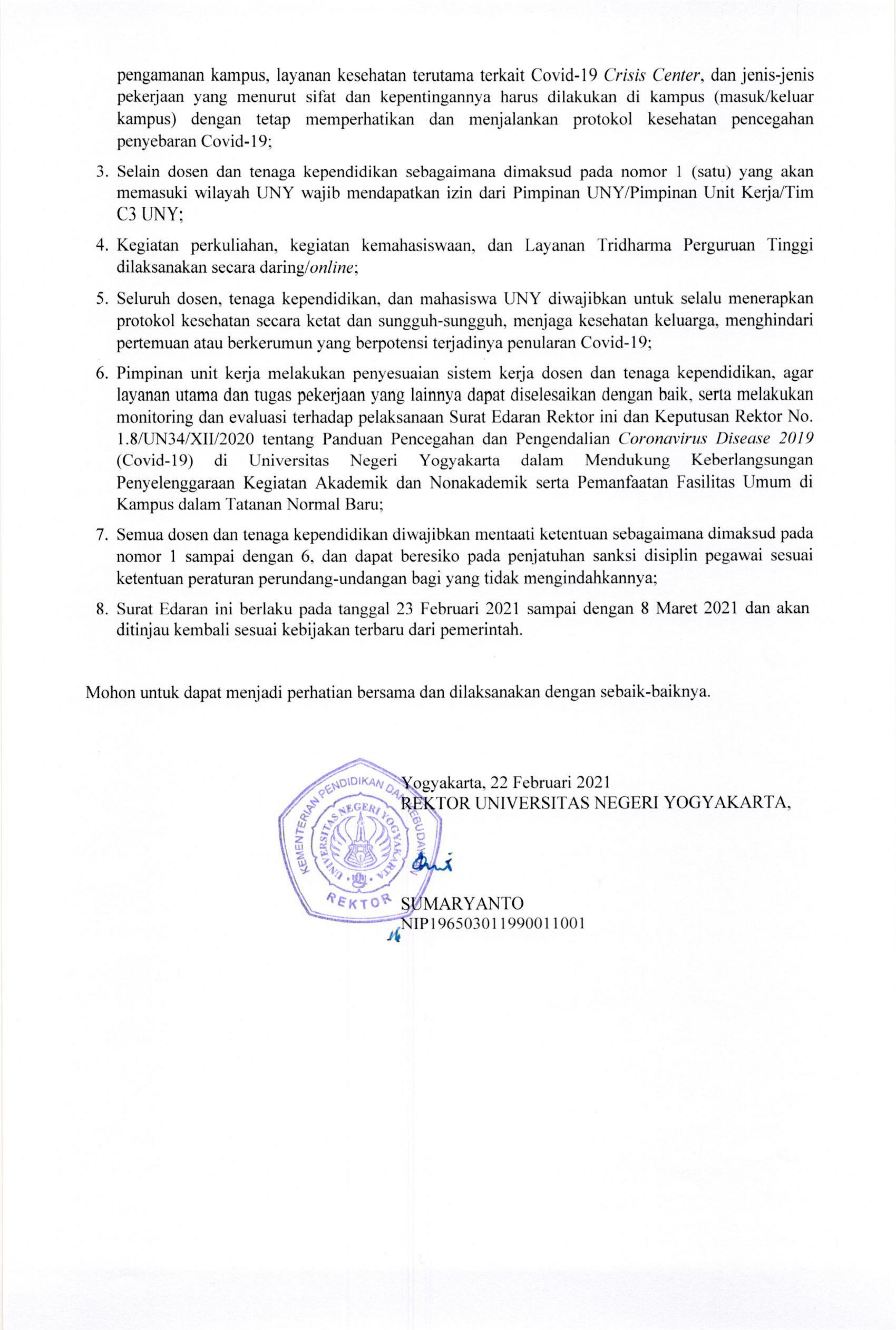 SURAT EDARAN NO. 6/SE/2021 TENTANG TATA KERJA DAN LAYANAN UNY DALAM MASA PANDEMI COVID-19