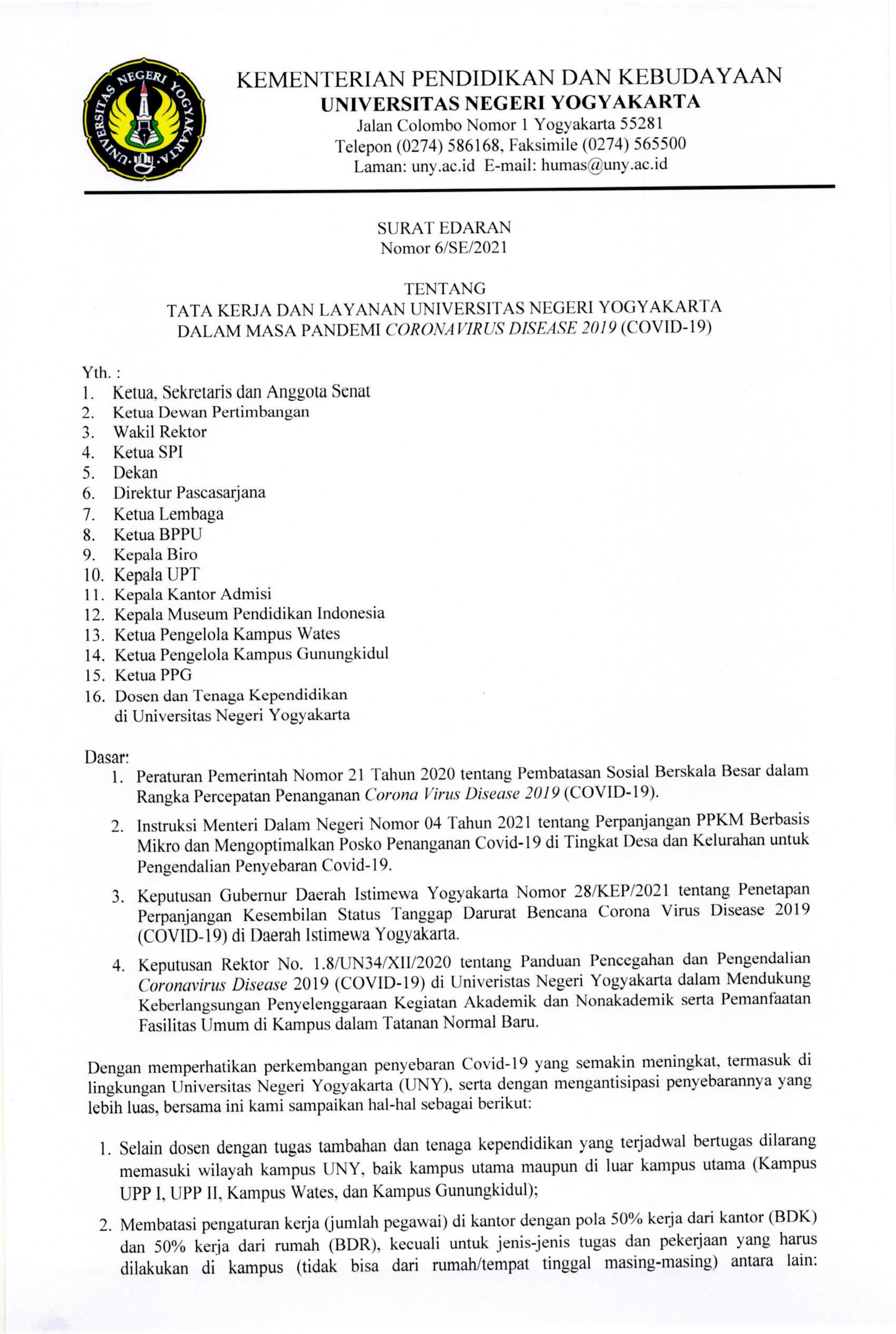 SURAT EDARAN NO. 6/SE/2021 TENTANG TATA KERJA DAN LAYANAN UNY DALAM MASA PANDEMI COVID-19