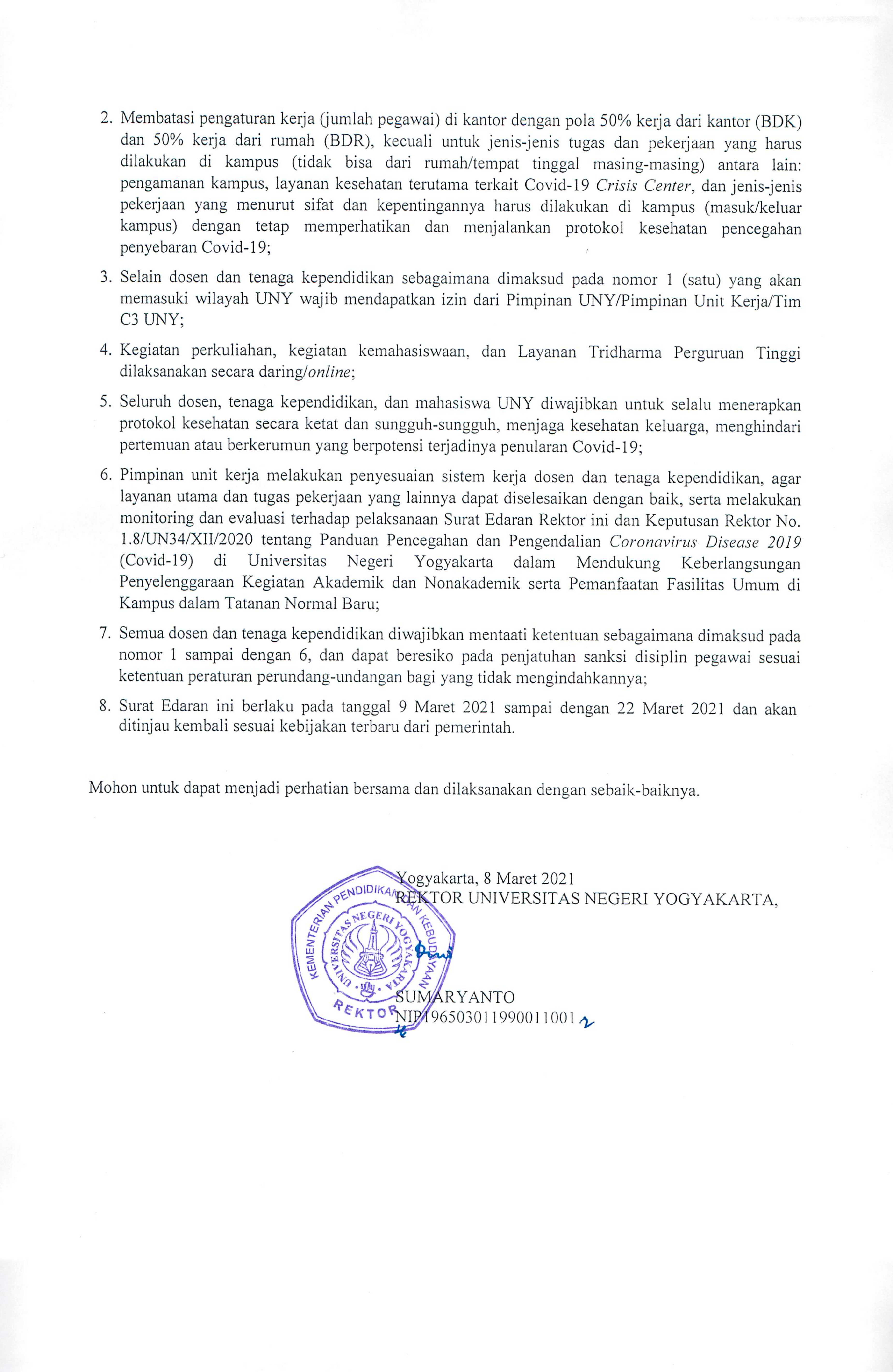 SURAT EDARAN NO. 8/SE/2021 TENTANG TATA KERJA DAN LAYANAN UNY DALAM MASA PANDEMI COVID-19