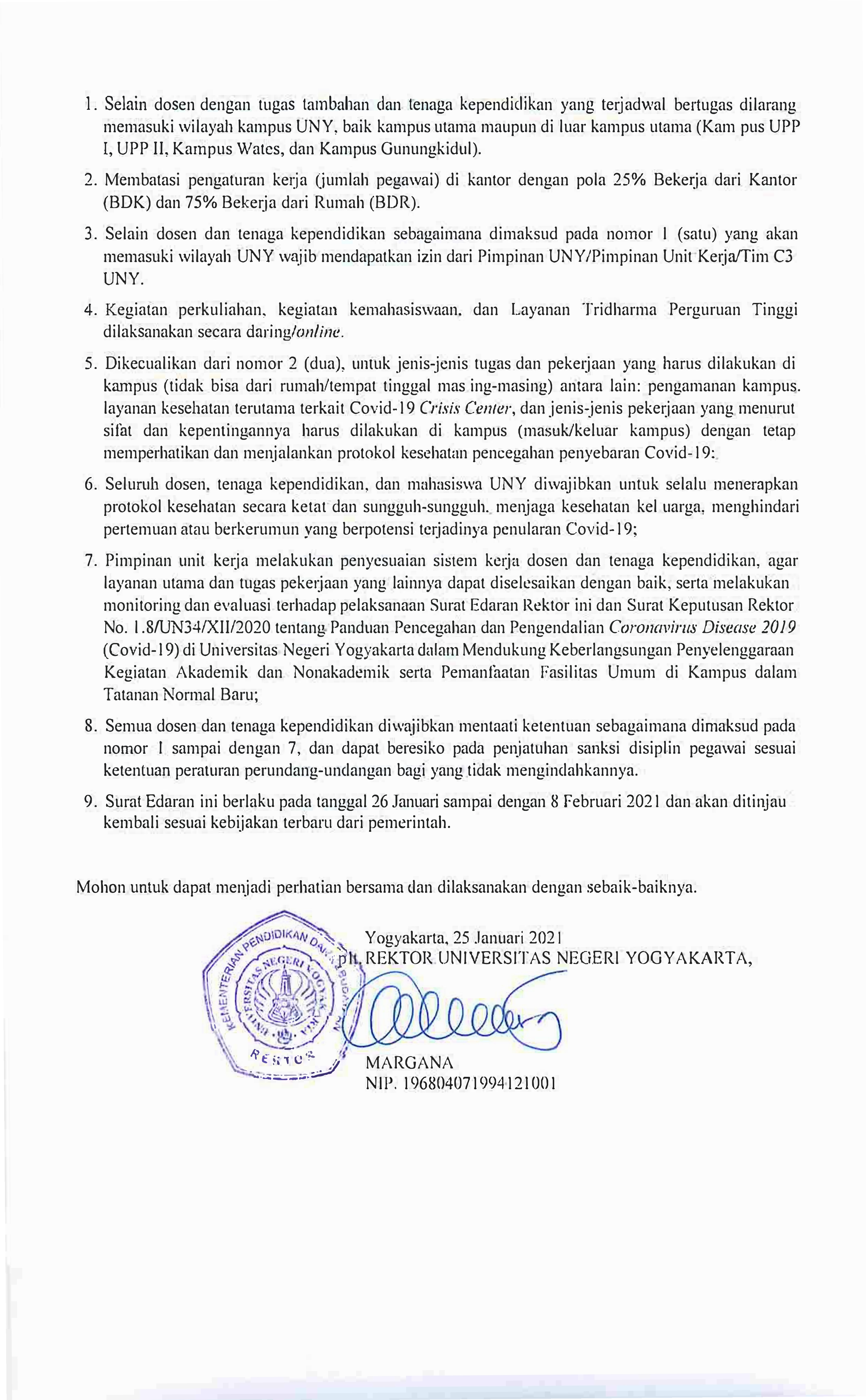 SURAT EDARAN No. 4/SE/2021 TENTANG TATA KERJA DAN LAYANAN UNY DALAM MASA PANDEMI COVID-19