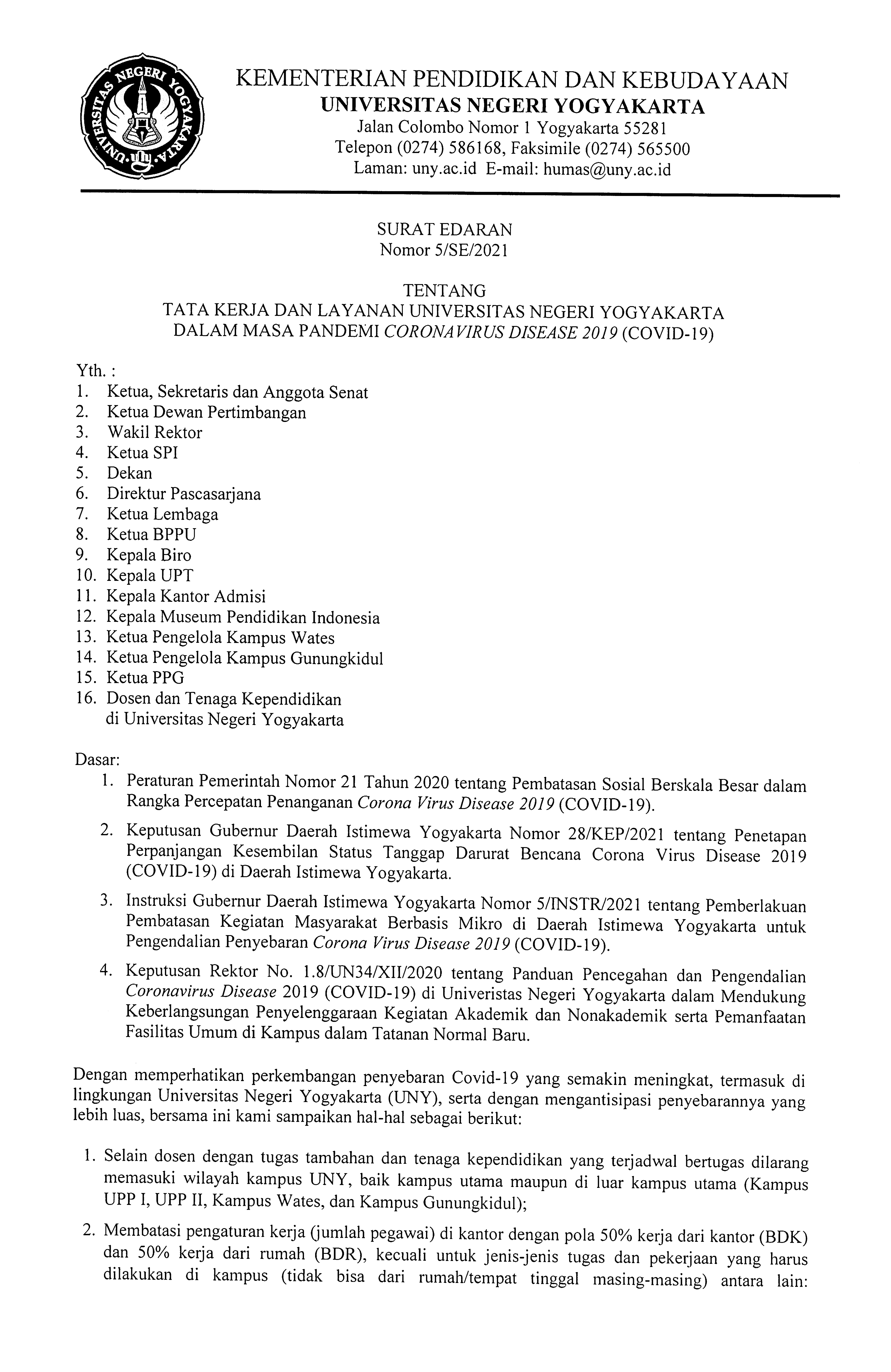 SURAT EDARAN No. 5/SE/2021 TENTANG TATA KERJA DAN LAYANAN UNY DALAM MASA PANDEMI COVID-19