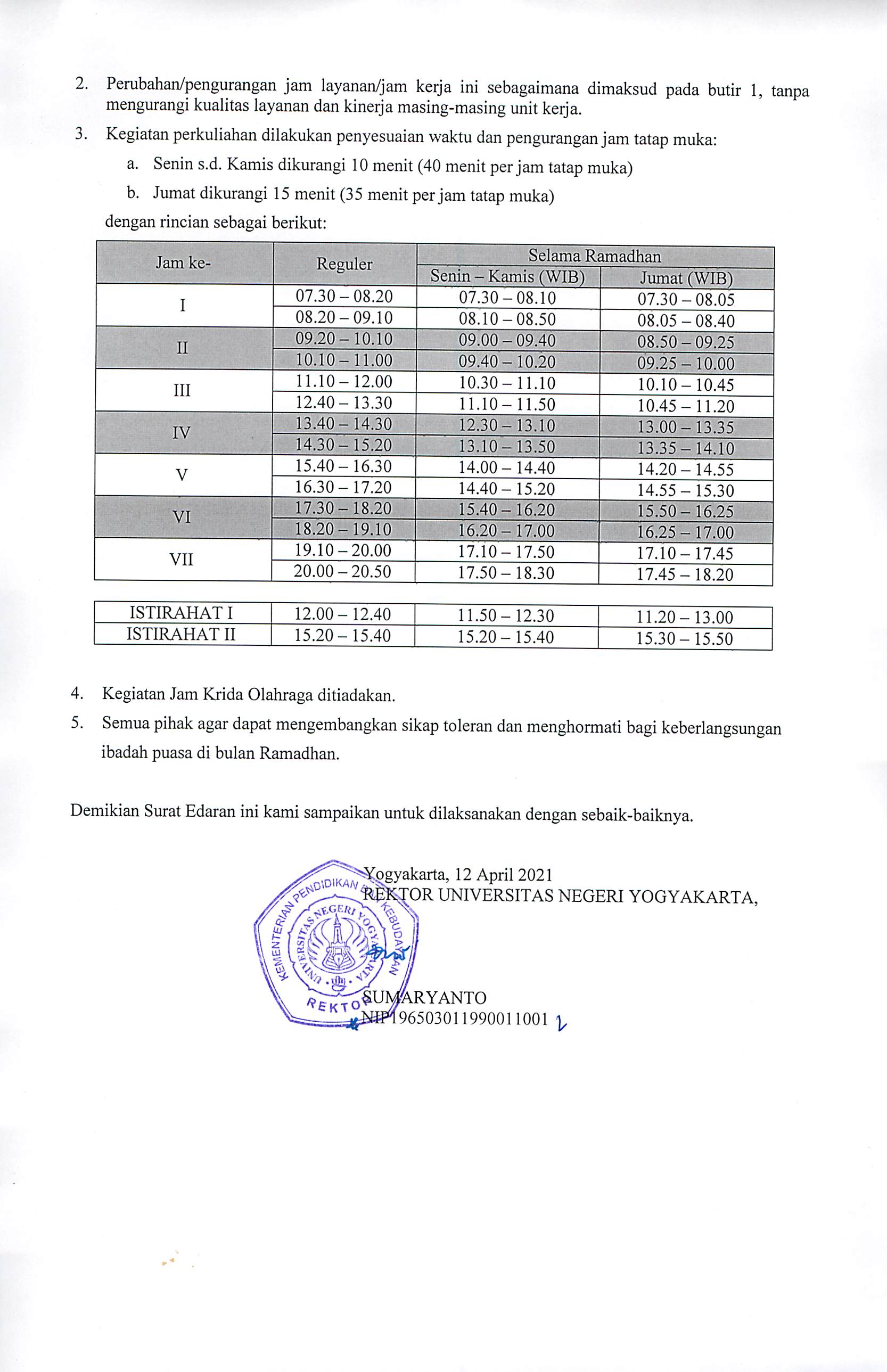  	SURAT EDARAN NO 13/SE/2021 TENTANG PENETAPAN JAM KERJA DAN PERKULIAHAN SELAMA BULAN RAMADHAN 1442 H