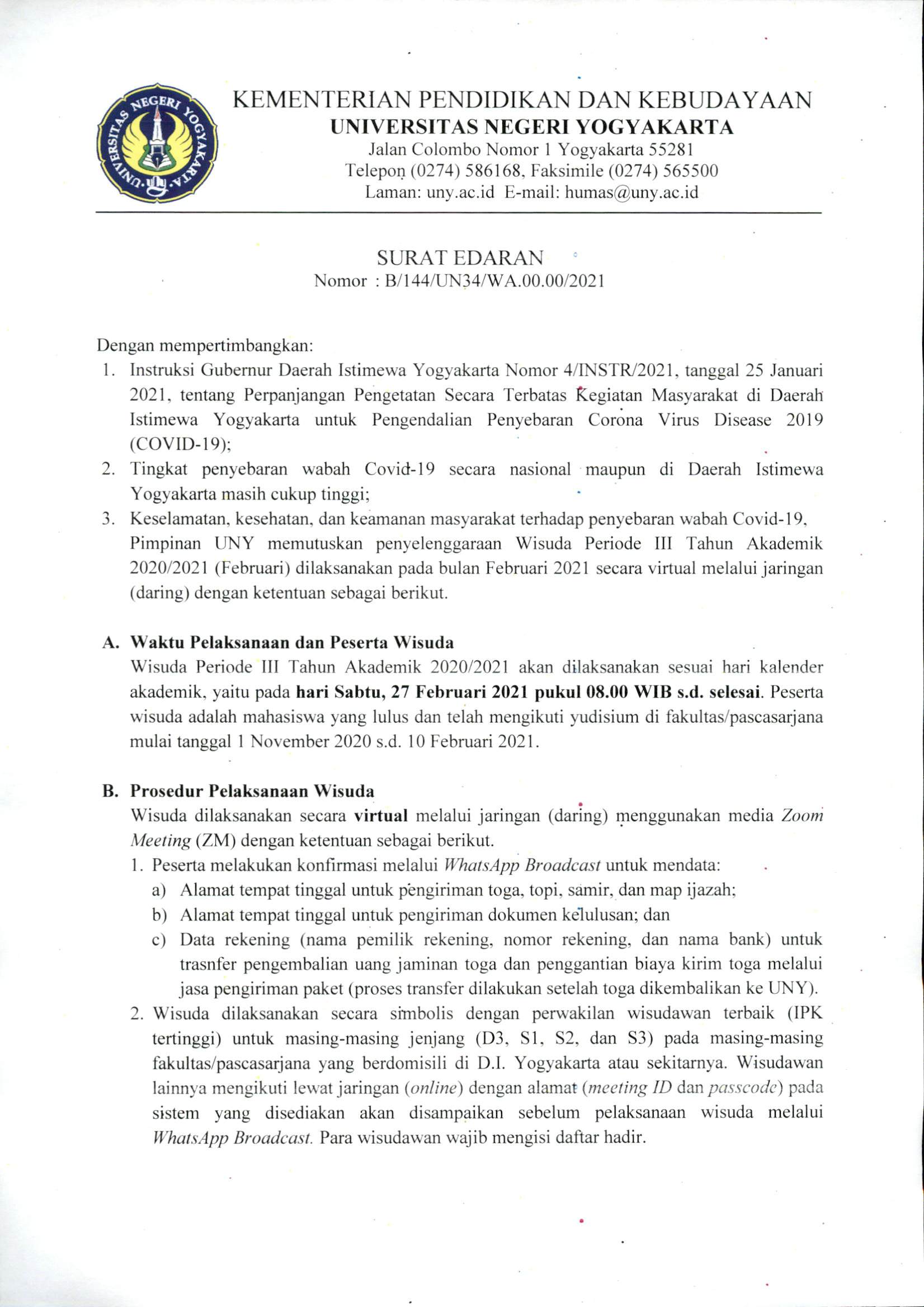 SURAT EDARAN NO. B/144/UN34/WA.00.00/2021 TENTANG WISUDA PERIODE FEBRUARI 2021