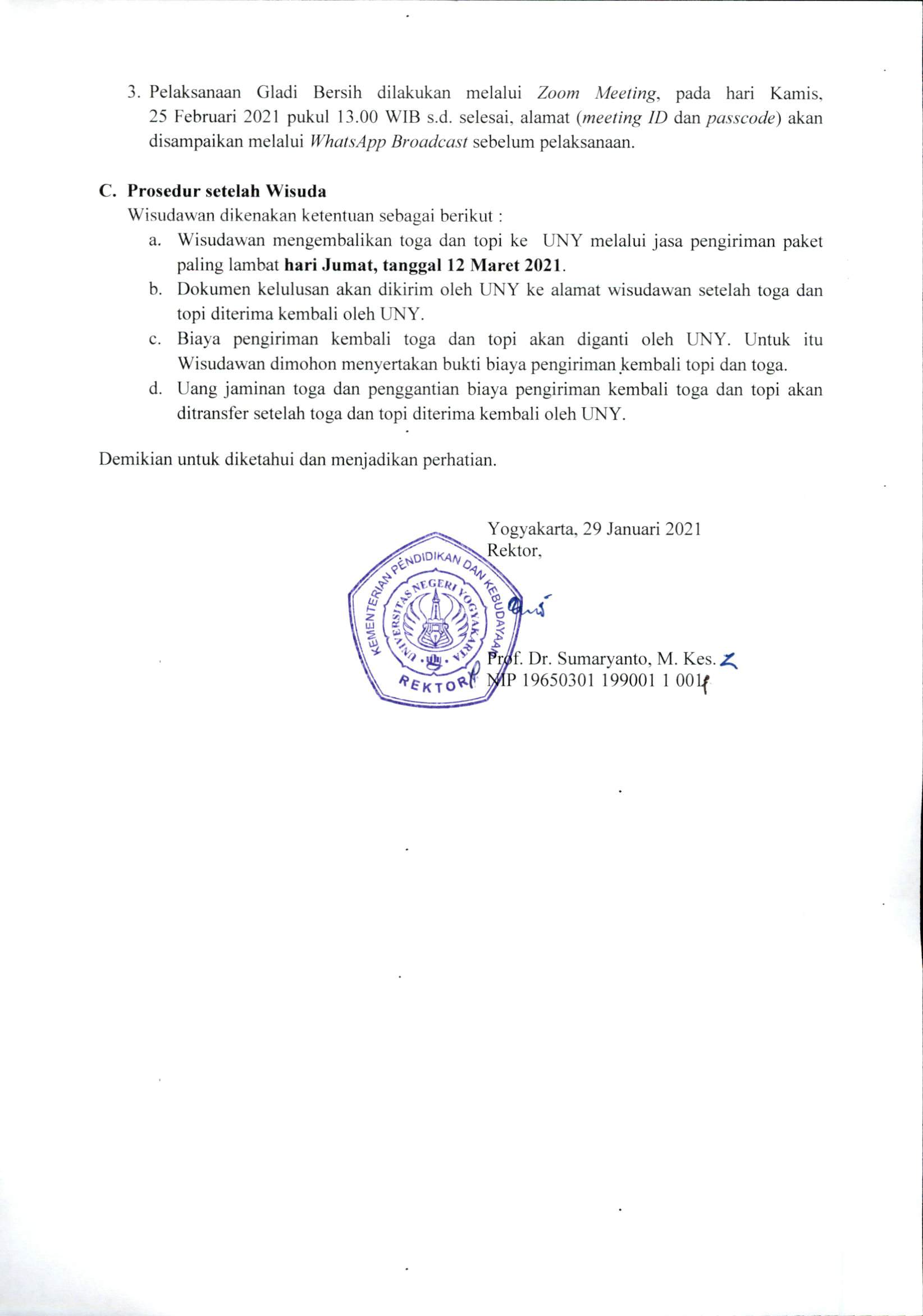 SURAT EDARAN NO. B/144/UN34/WA.00.00/2021 TENTANG WISUDA PERIODE FEBRUARI 2021