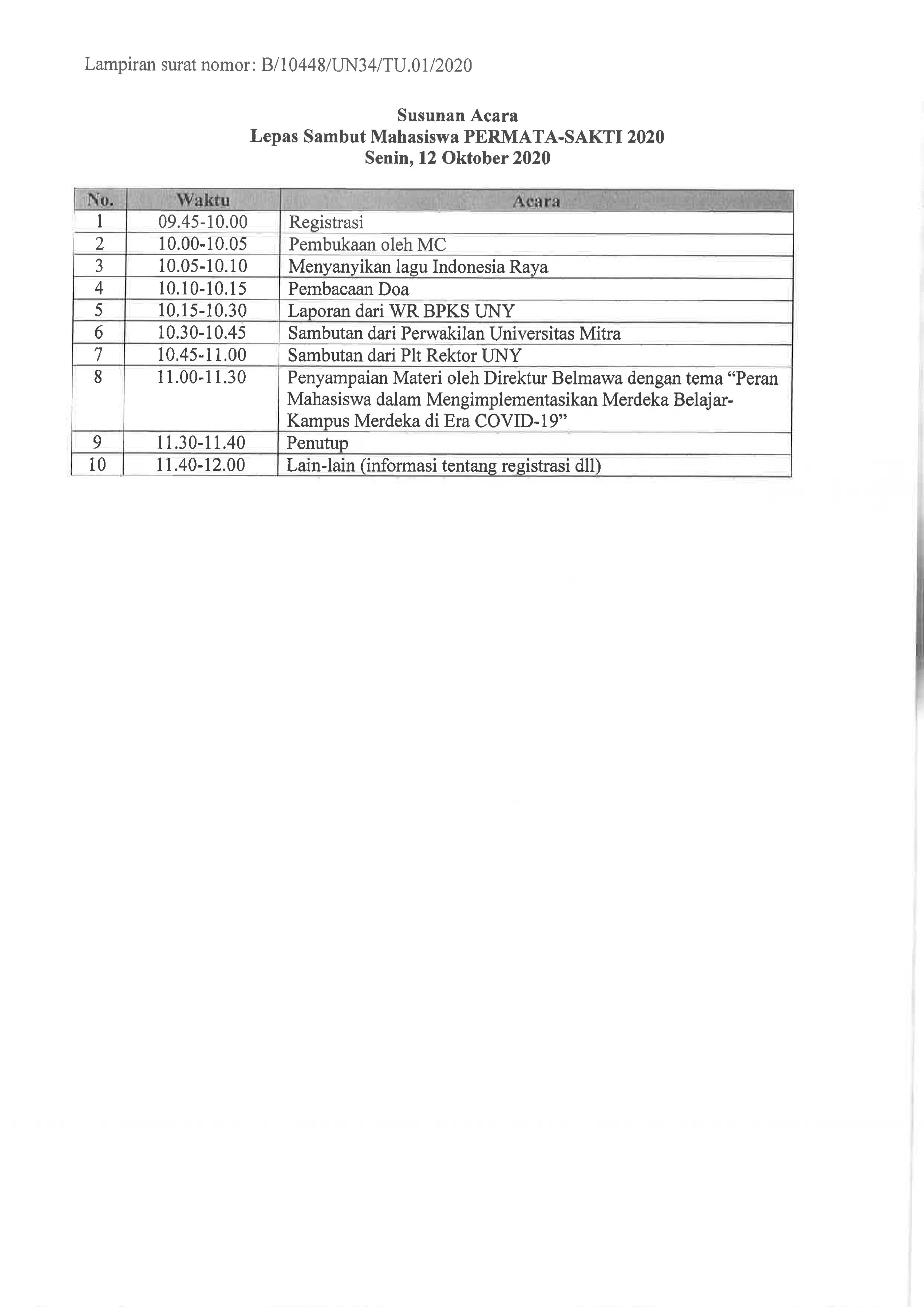 UNDANGAN LEPAS SAMBUT MAHASISWA PERMATA SAKTI 2020
