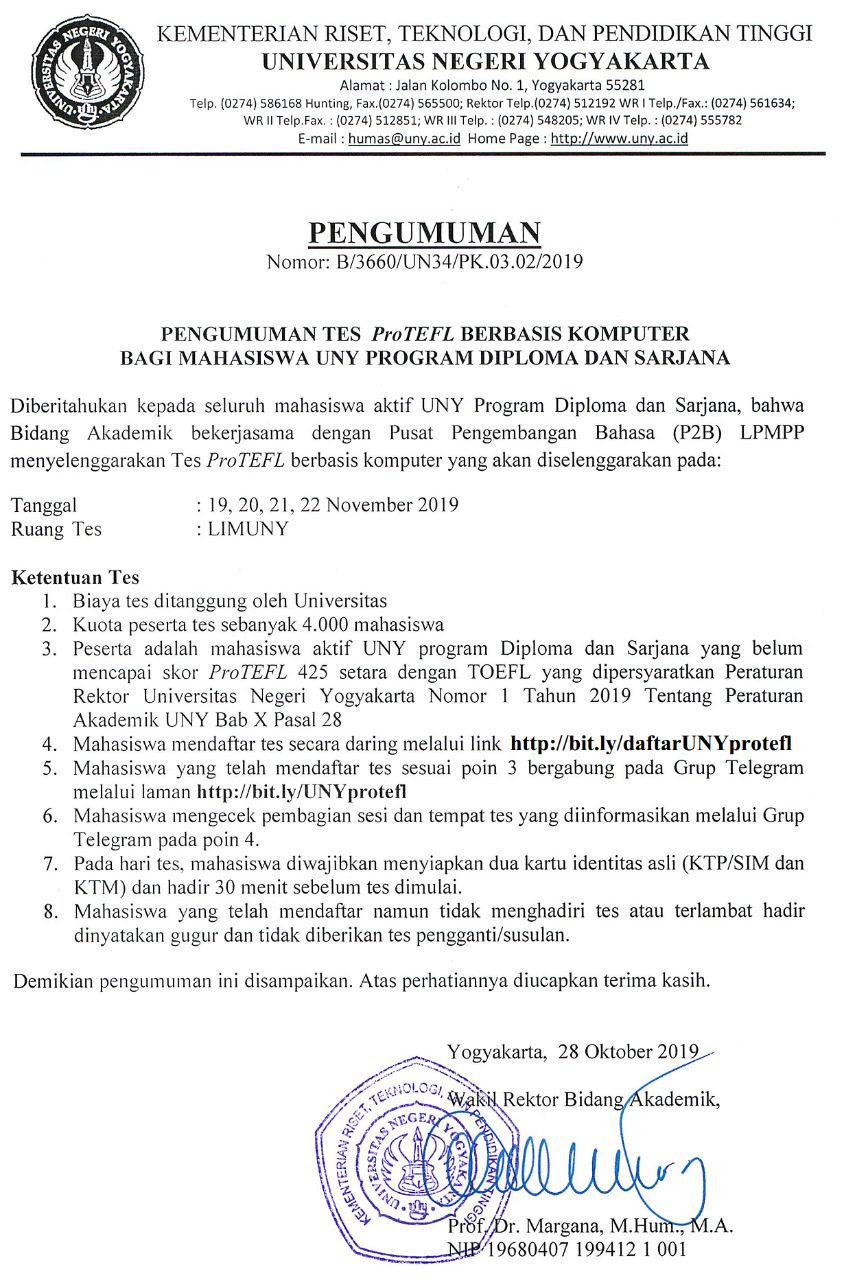 PENGUMUMAN TES ProTEFL BERBASIS KOMPUTER BAGI MAHASISWA UNY PROGRAM DIPLOMA DAN SARJANA